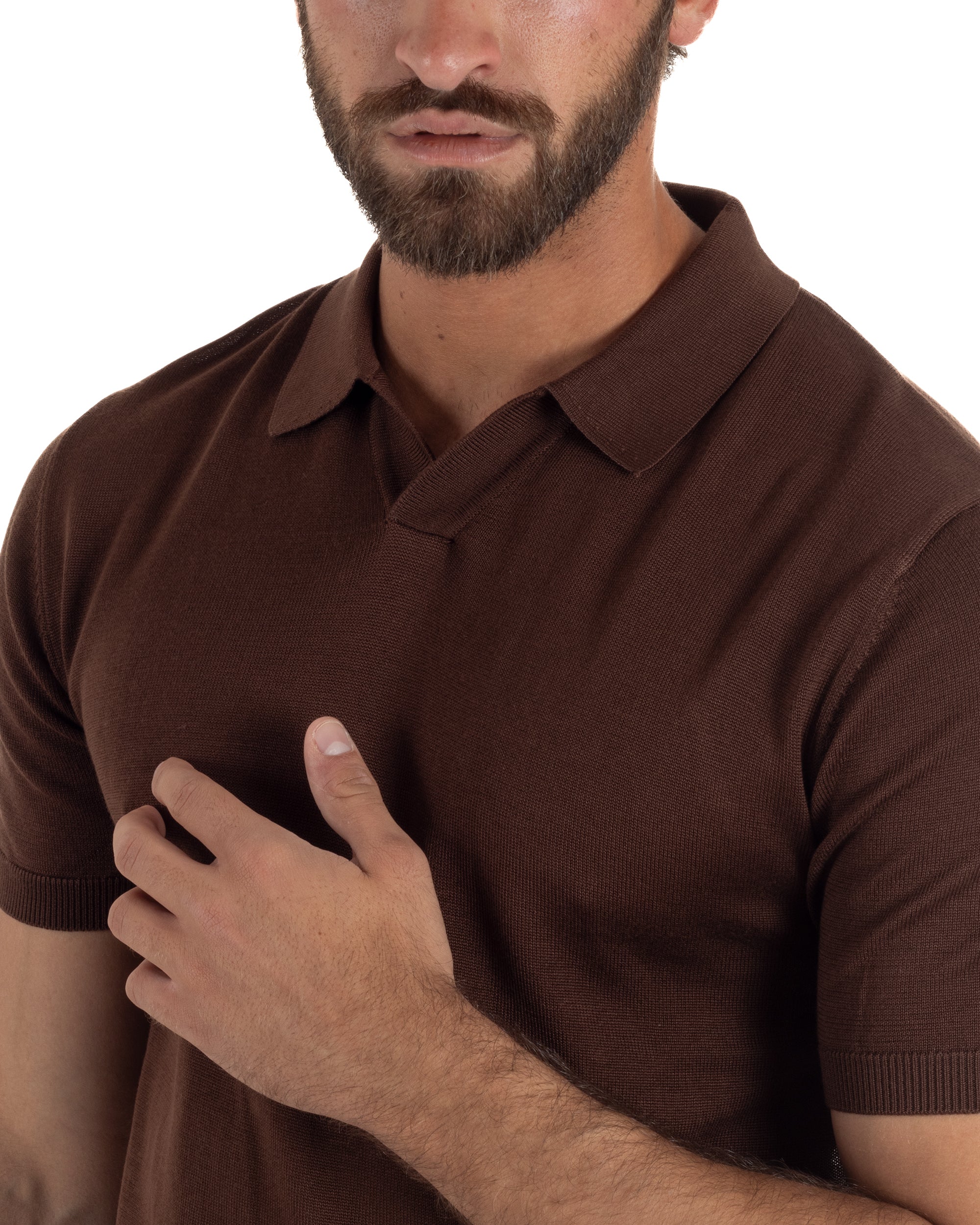 Polo uomo filo maglia basic colletto aperto sottogiacca marrone GIOSAL-TS3288A