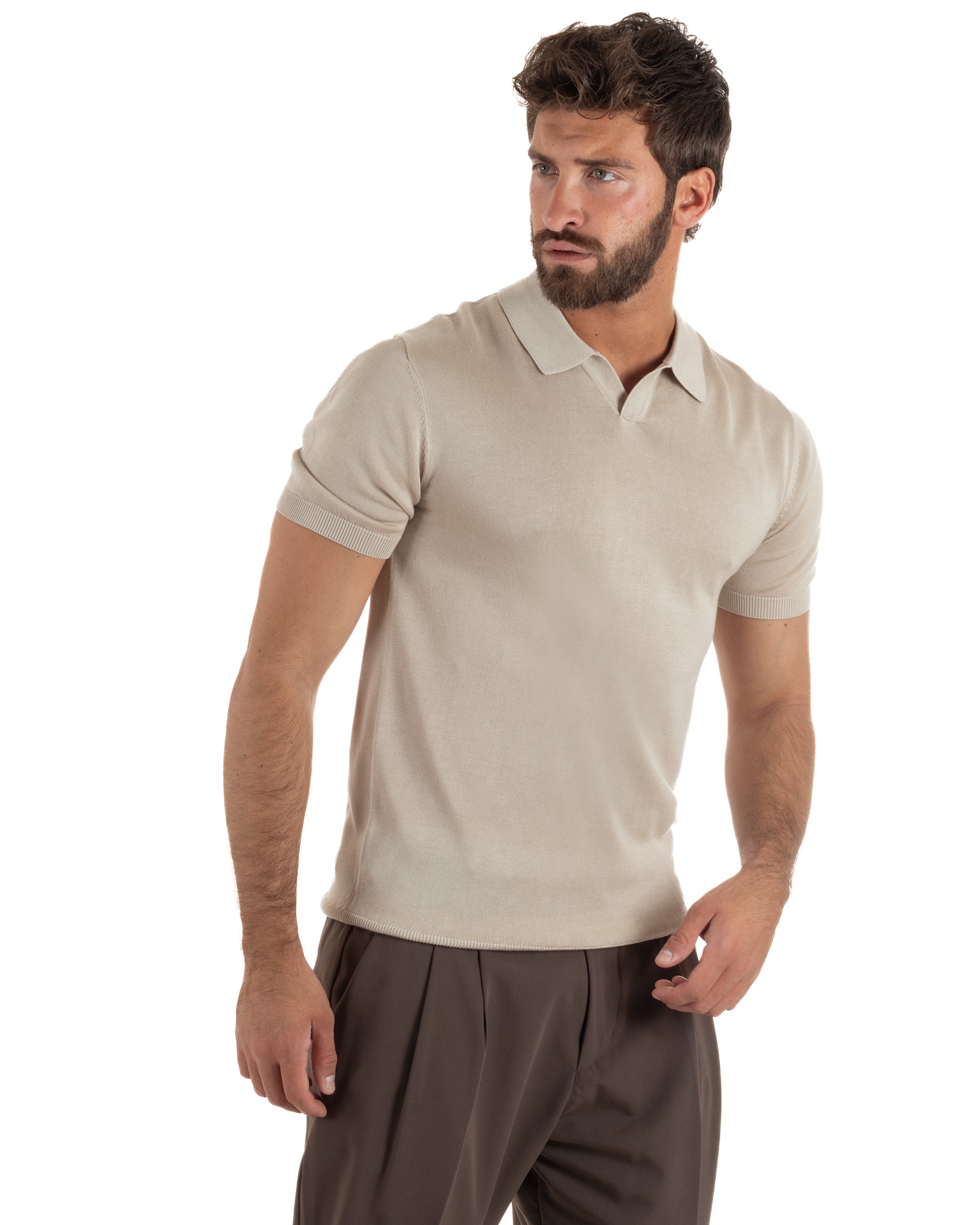 Polo uomo filo maglia basic colletto aperto sottogiacca beige GIOSAL-TS3289A