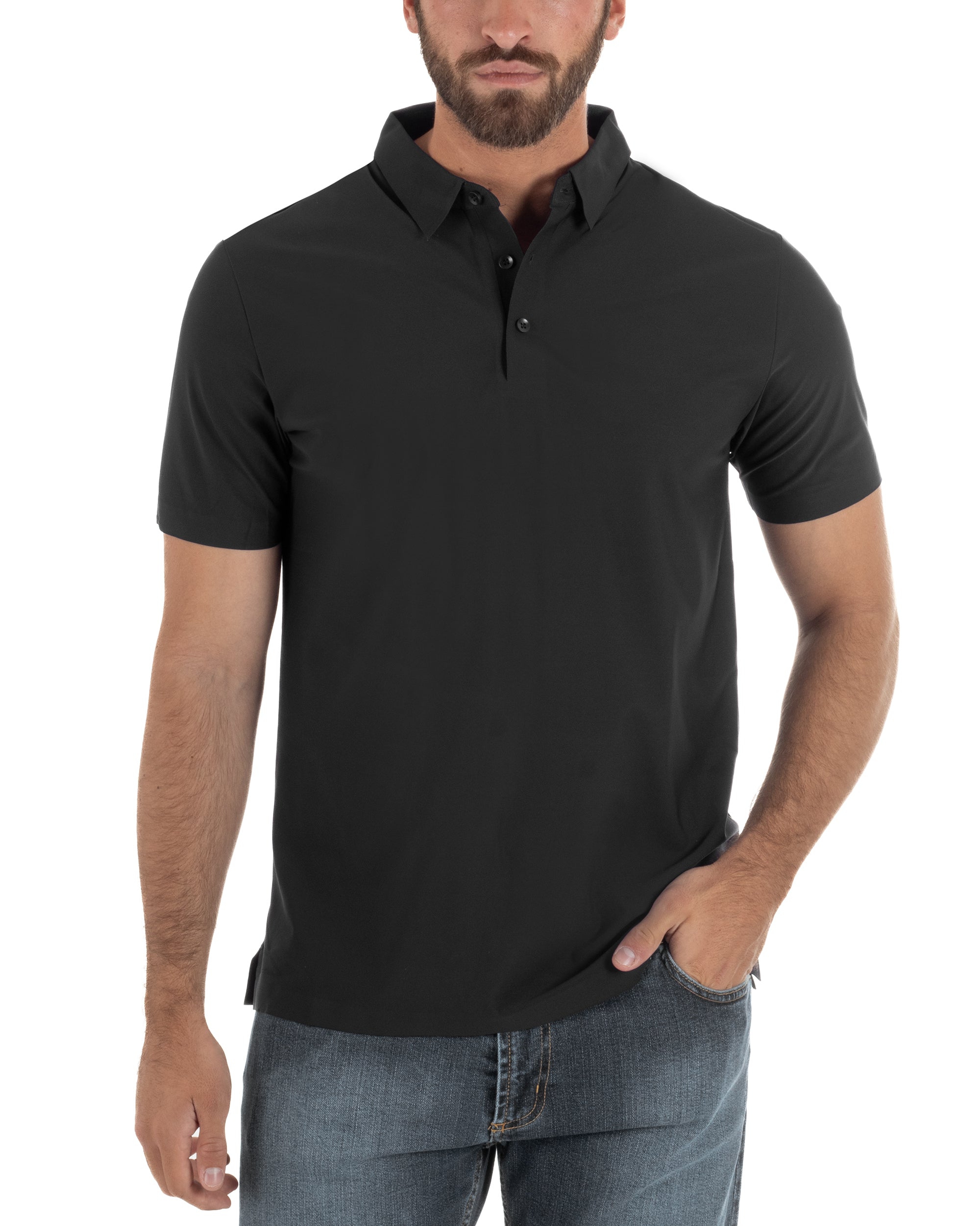 Polo uomo no-stiro stretch colletto con bottoni maglia basic nero GIOSAL-TS3293A