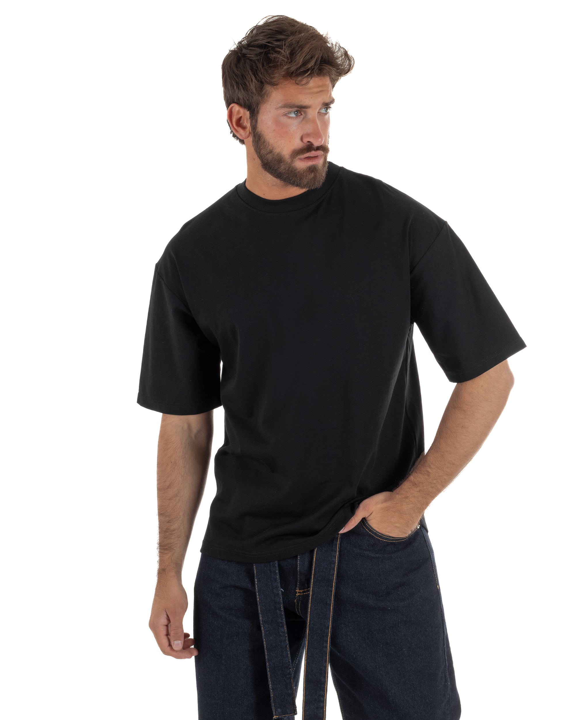 T-shirt uomo girocollo oversize streetwear stampa nero GIOSAL-TS3297A