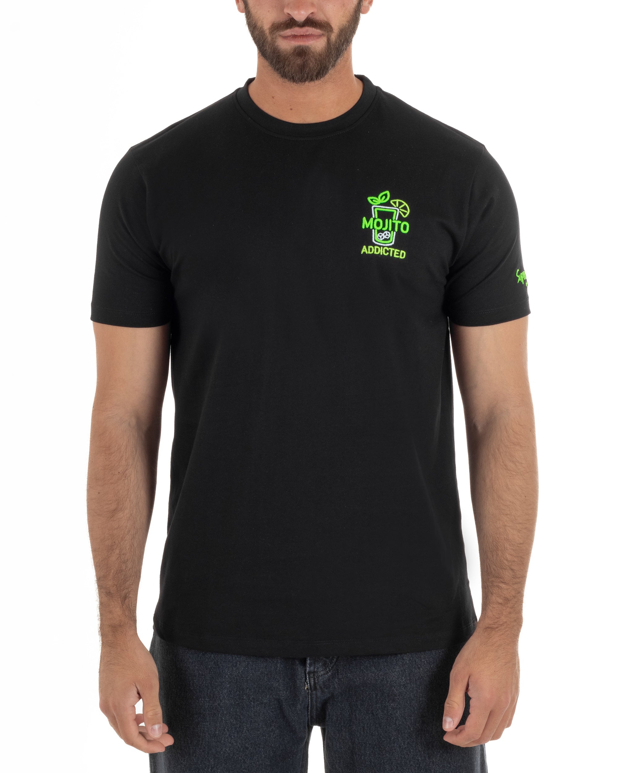T-shirt uomo girocollo basic con ricamo Mojito Addicted leggera nero SUPERCULTURE-A1843
