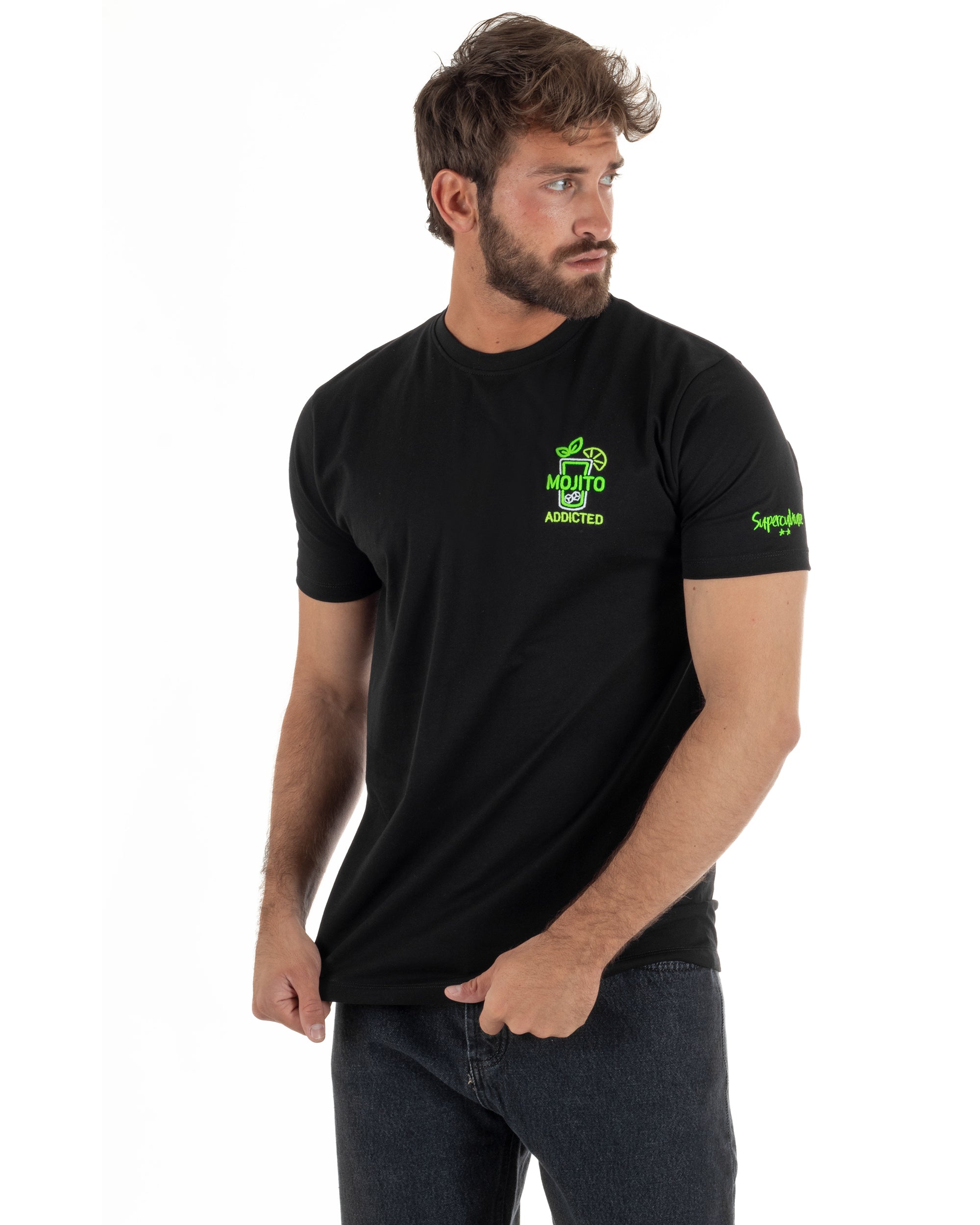 T-shirt uomo girocollo basic con ricamo Mojito Addicted leggera nero SUPERCULTURE-A1843
