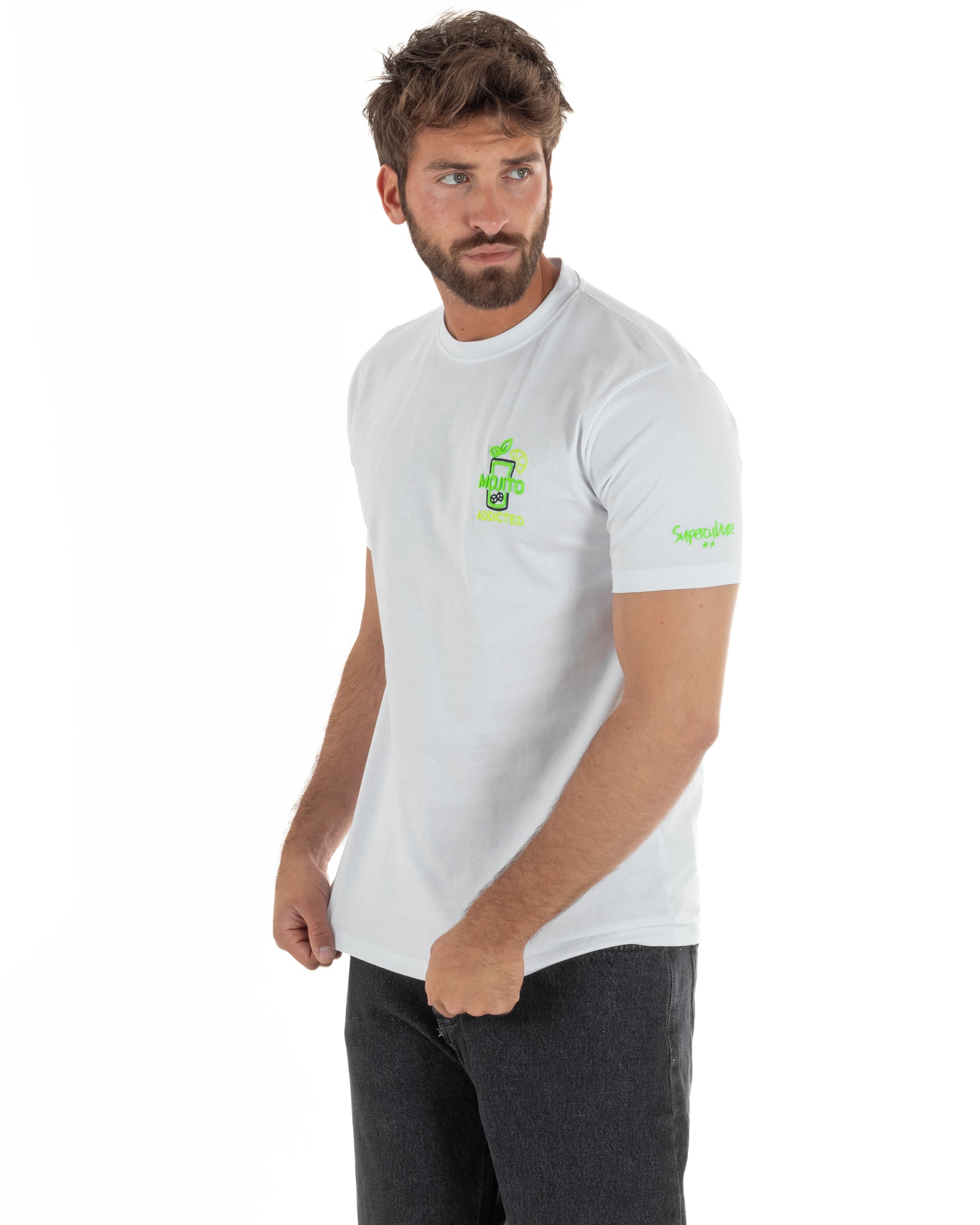 T-shirt uomo girocollo basic con ricamo Mojito Addicted leggera bianco SUPERCULTURE-A1843