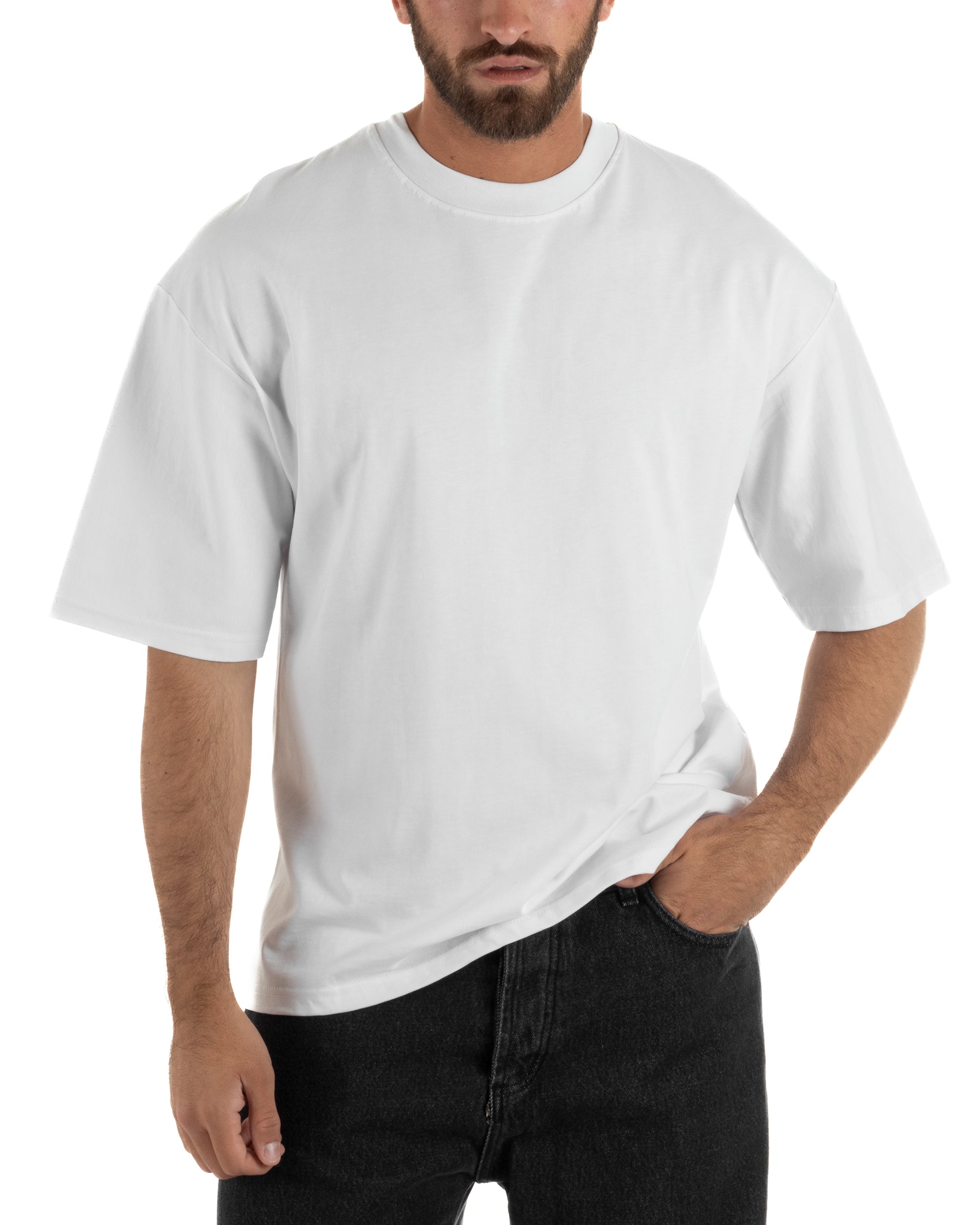 T-shirt uomo girocollo oversize streetwear con stampa posteriore bianco GIOSAL-TS3301A