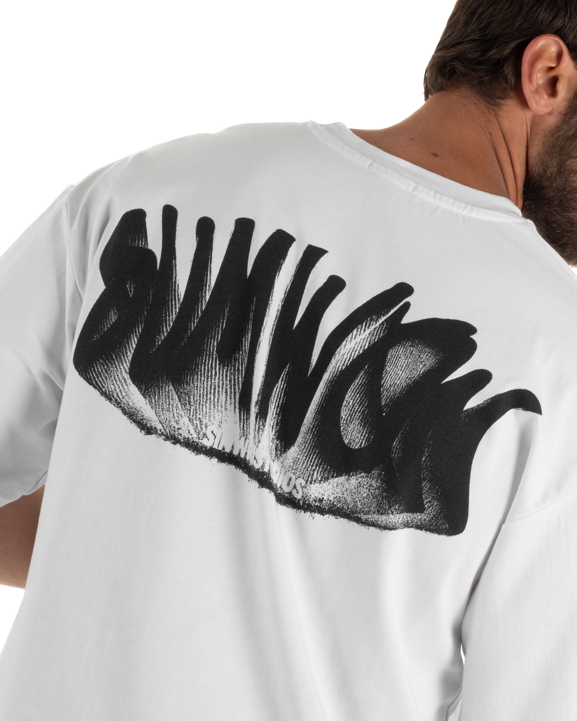T-shirt uomo girocollo oversize streetwear con stampa posteriore bianco GIOSAL-TS3301A