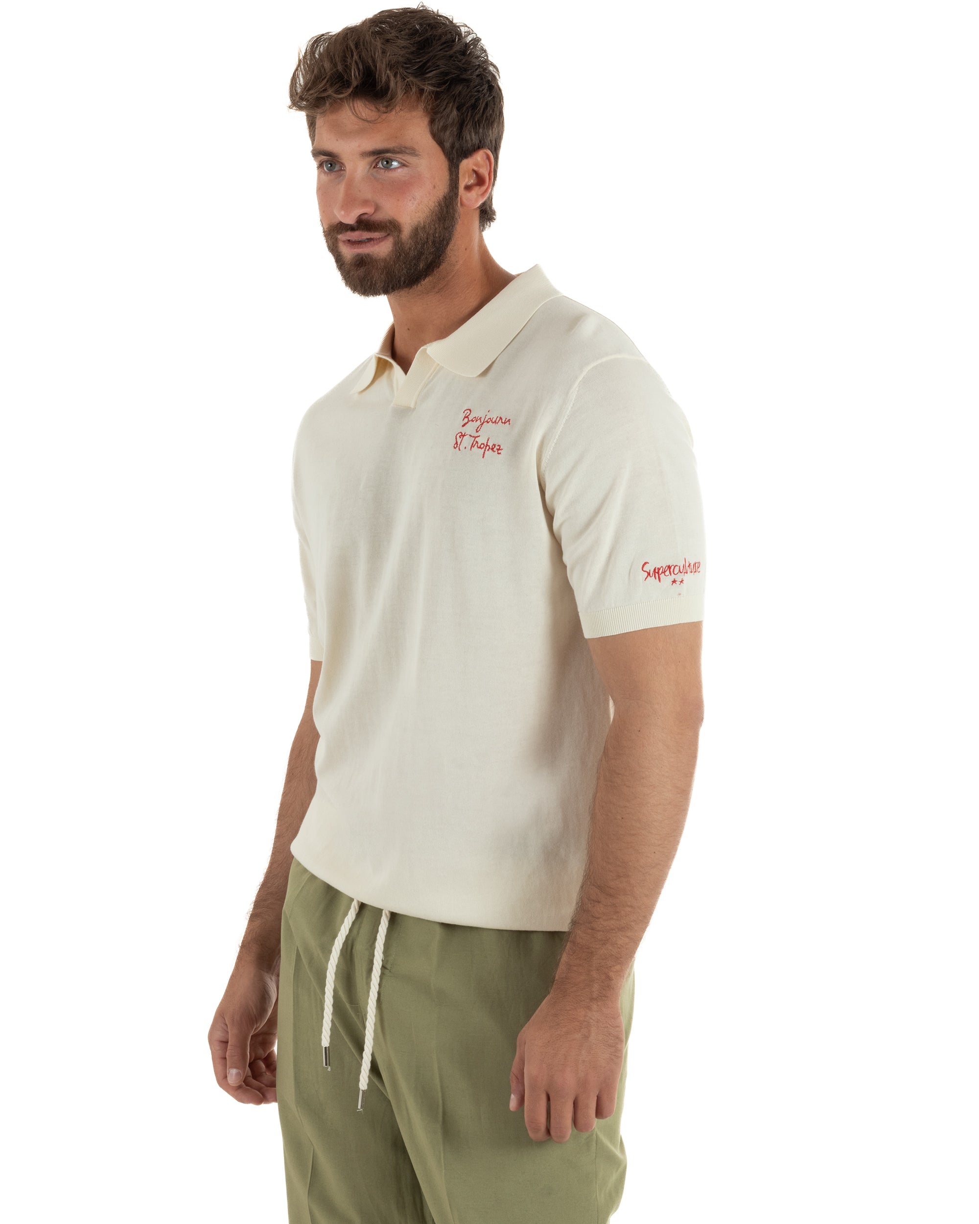Vista frontale polo panna uomo filo leggera colletto aperto senza bottoni ricami decorativi cotone