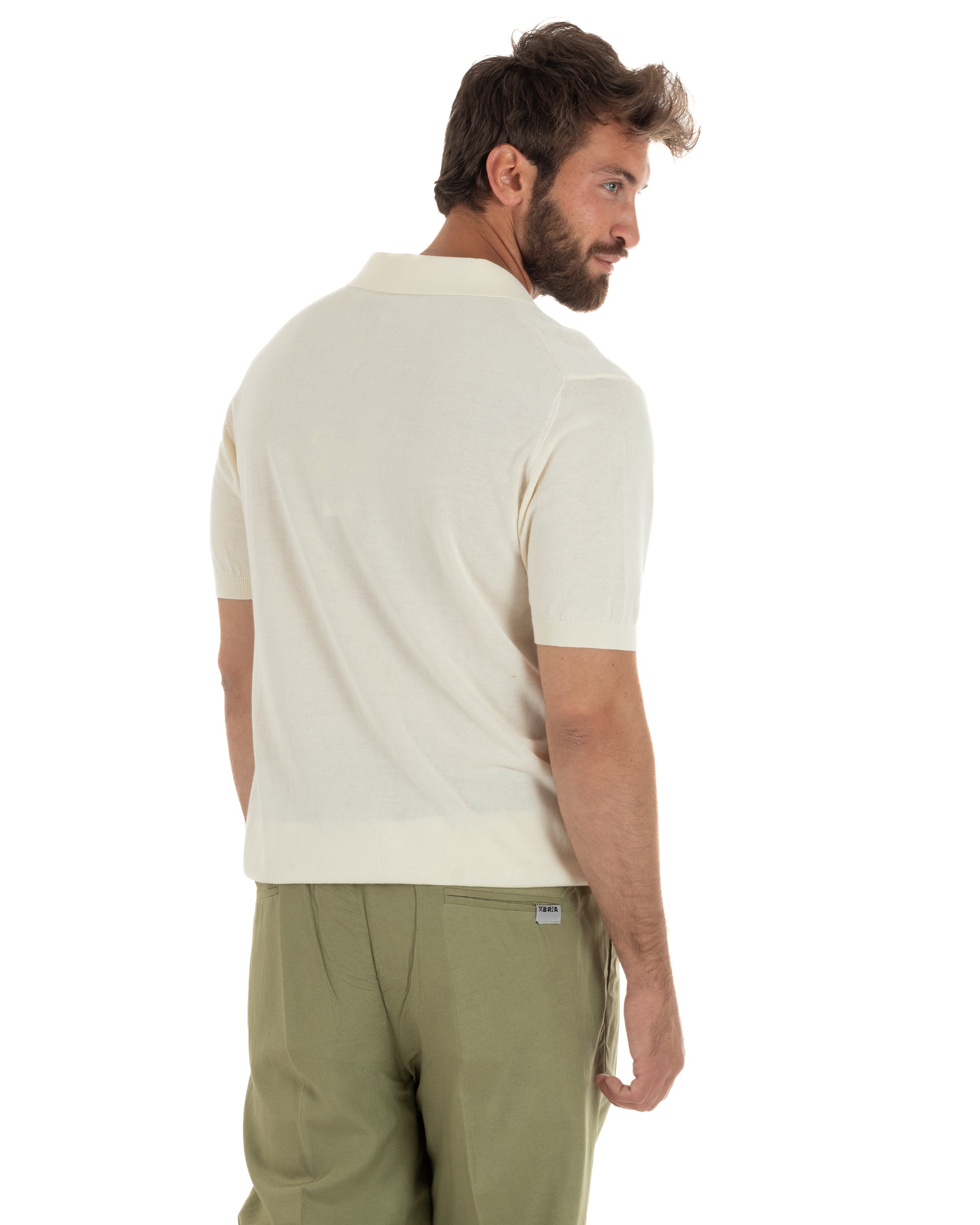 Polo uomo maglia filo leggera con ricami e colletto aperto panna SUPERCULTURE-AK6011