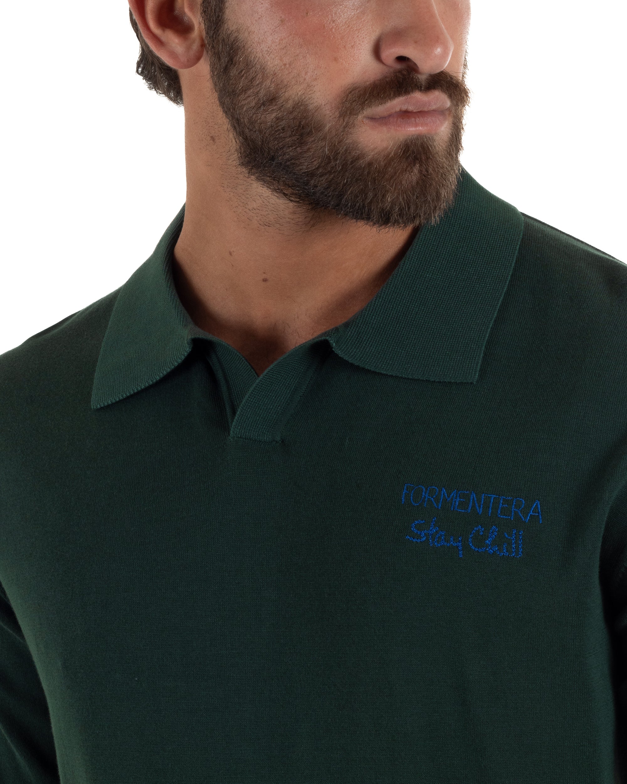 Polo uomo maglia filo leggera con ricami e colletto aperto verde SUPERCULTURE-AK6013