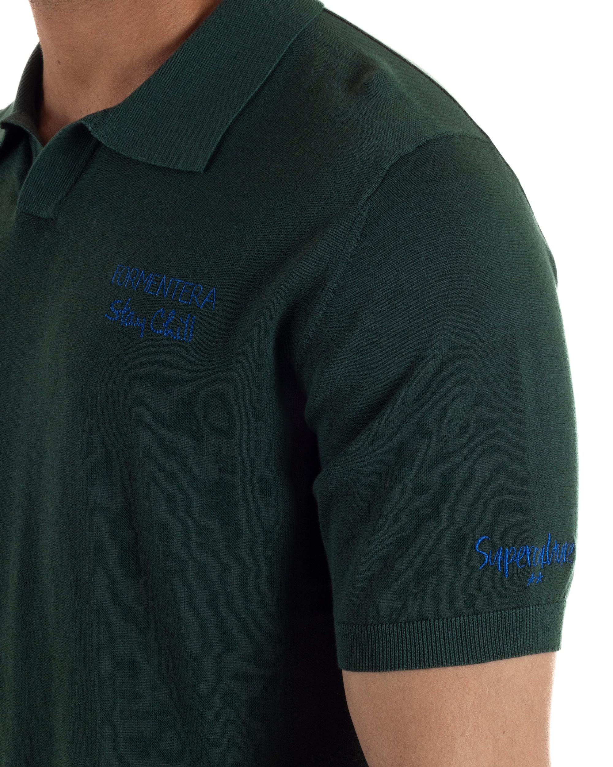 Polo uomo maglia filo leggera con ricami e colletto aperto verde SUPERCULTURE-AK6013