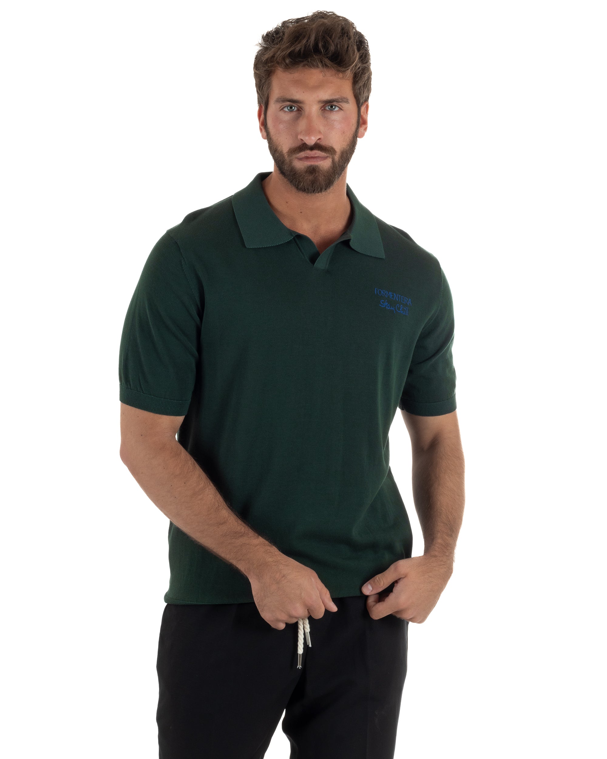 Polo uomo maglia filo leggera con ricami e colletto aperto verde SUPERCULTURE-AK6013