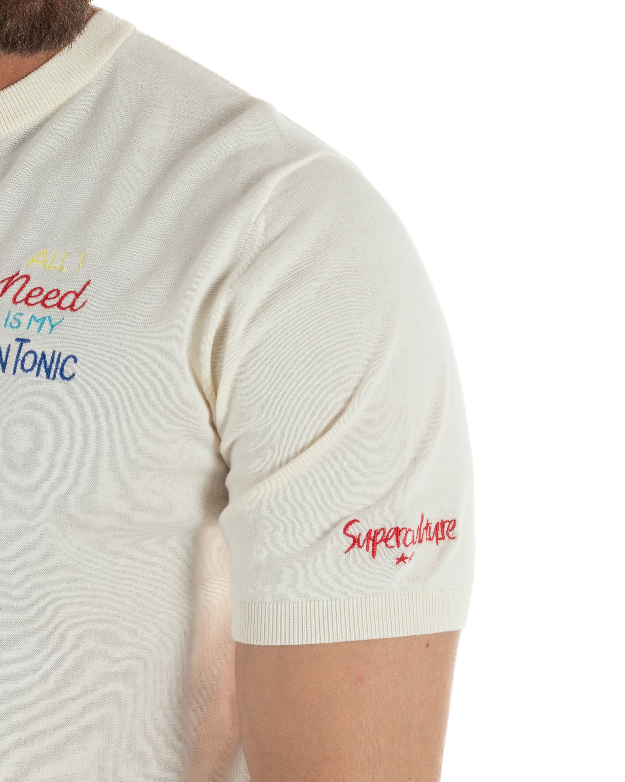 T-shirt uomo maglia filo con ricamo ALL I NEED IS MY GIN TONIC leggera panna SUPERCULTURE-AK6009