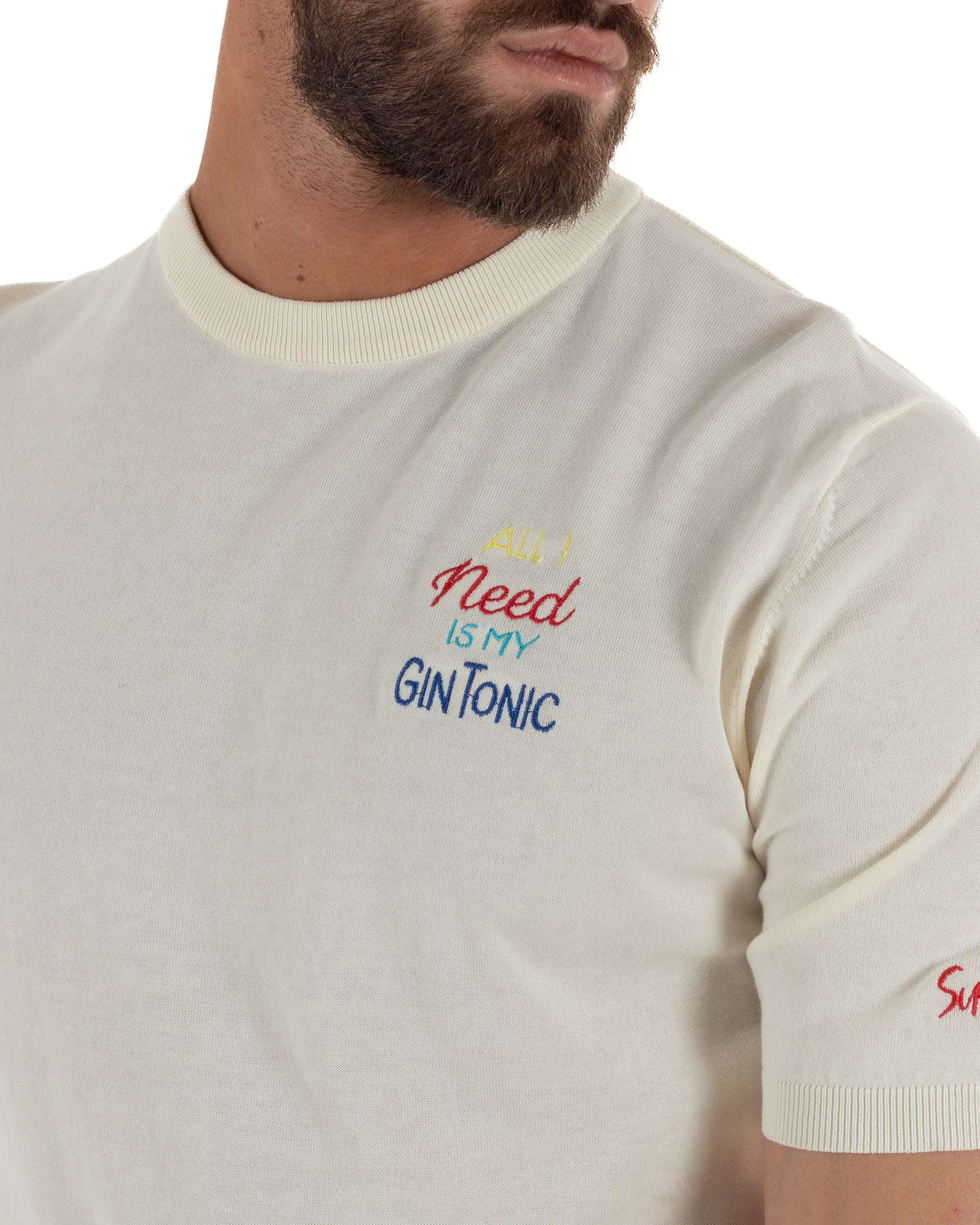 T-shirt uomo maglia filo con ricamo ALL I NEED IS MY GIN TONIC leggera panna SUPERCULTURE-AK6009