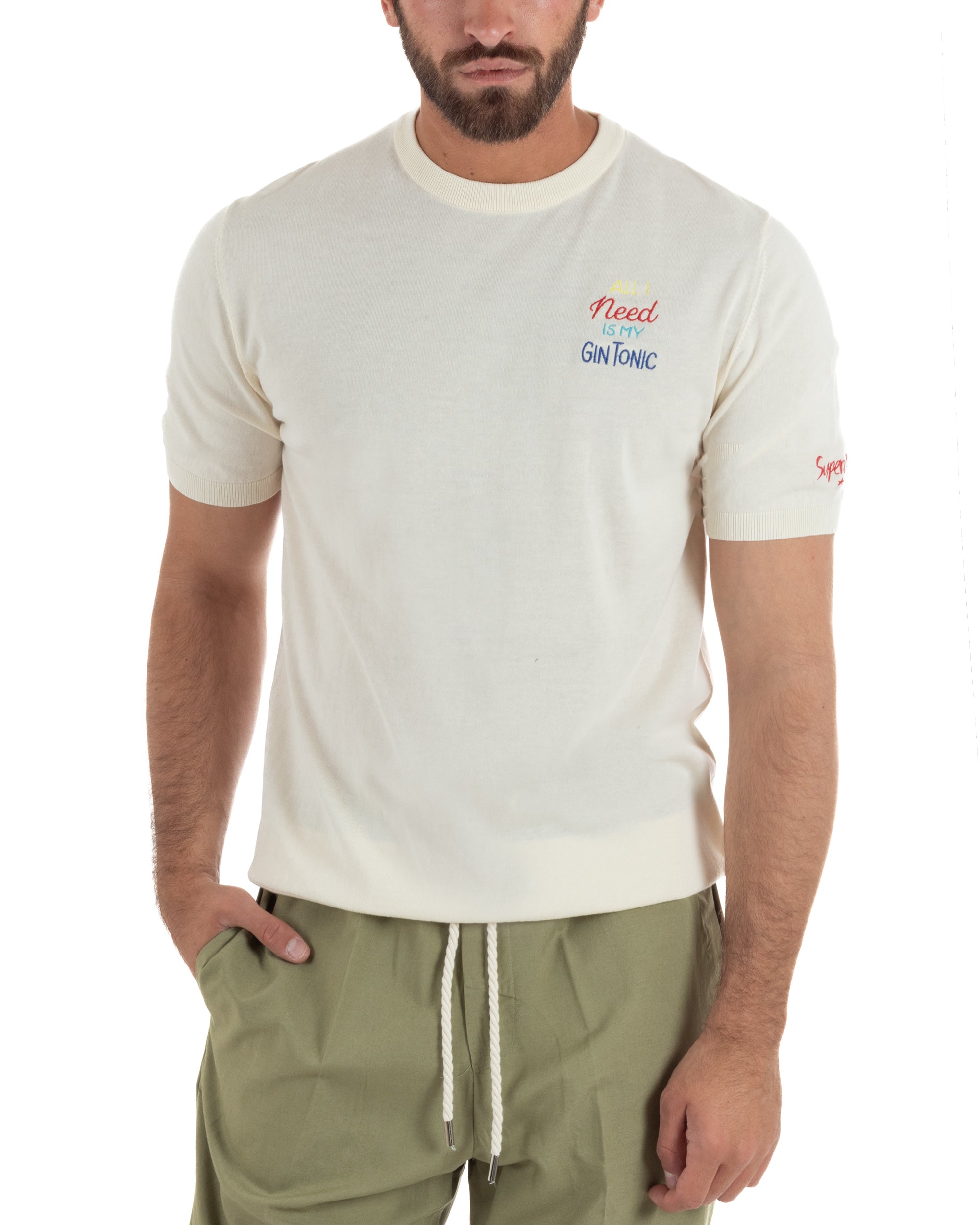 T-shirt uomo maglia filo con ricamo ALL I NEED IS MY GIN TONIC leggera panna SUPERCULTURE-AK6009