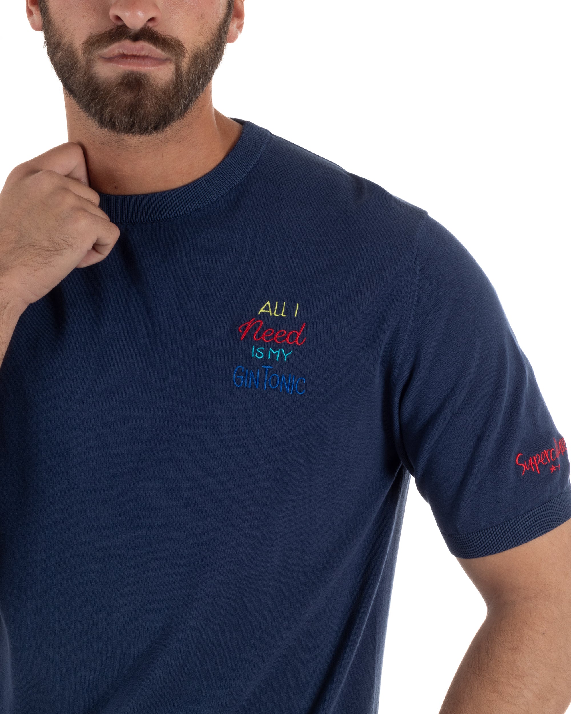 T-Shirt uomo maglia filo con ricamo ALL I NEED IS MY GIN TONIC leggera blu SUPERCULTURE-AK6009