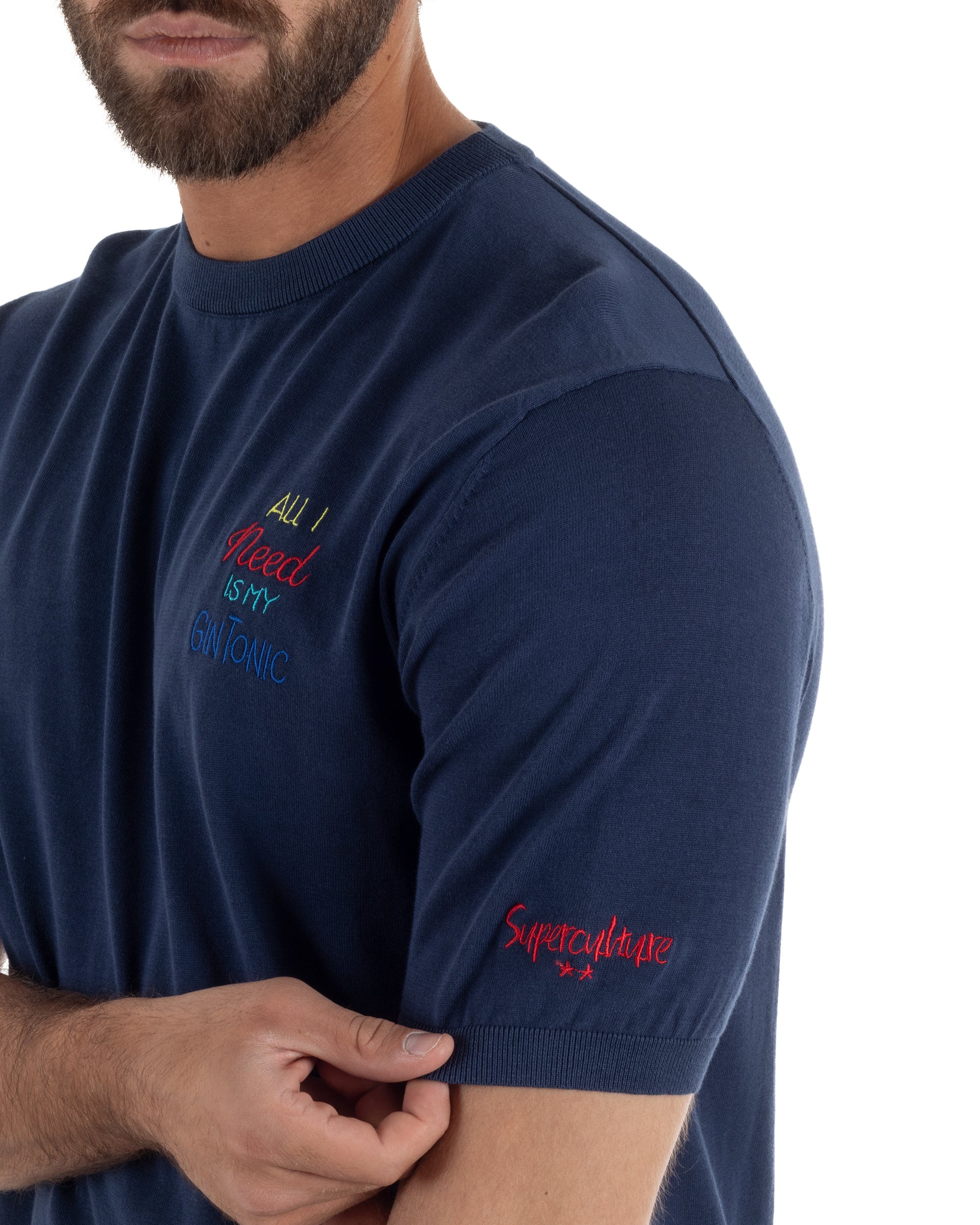 T-Shirt uomo maglia filo con ricamo ALL I NEED IS MY GIN TONIC leggera blu SUPERCULTURE-AK6009