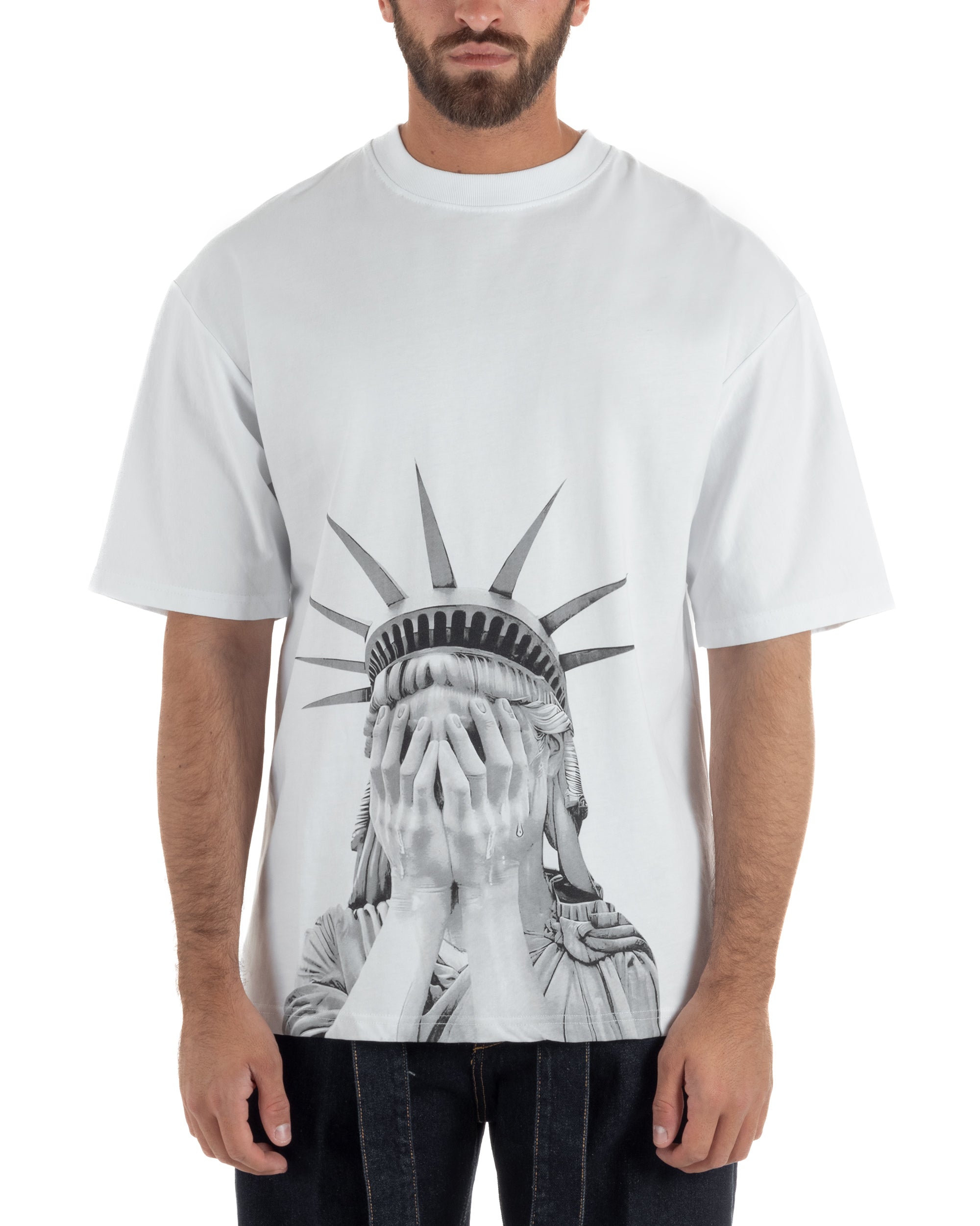 T-shirt uomo girocollo oversize streetwear con stampa bianco GIOSAL-TS3307A