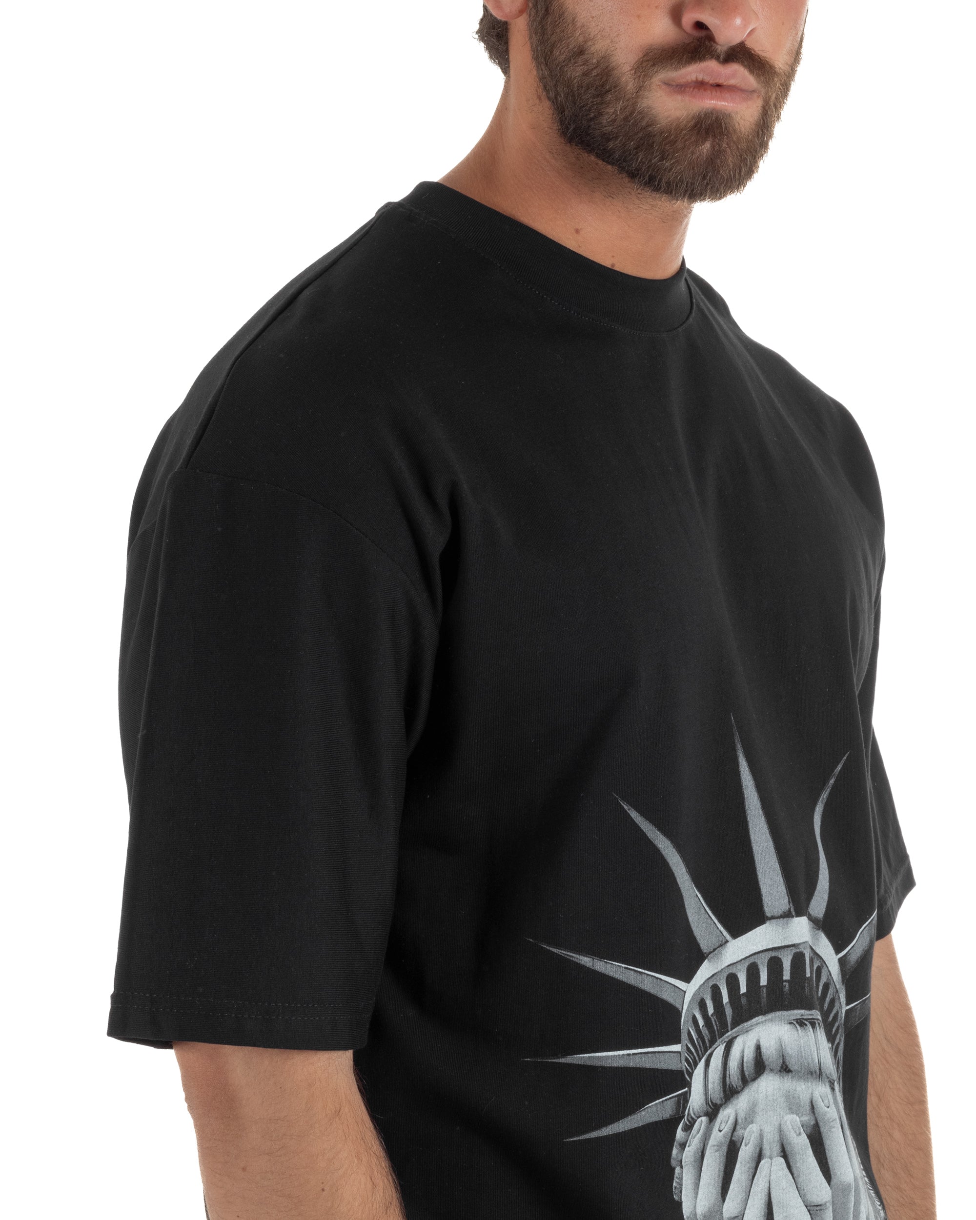 T-shirt uomo girocollo oversize streetwear con stampa nero GIOSAL-TS3308A