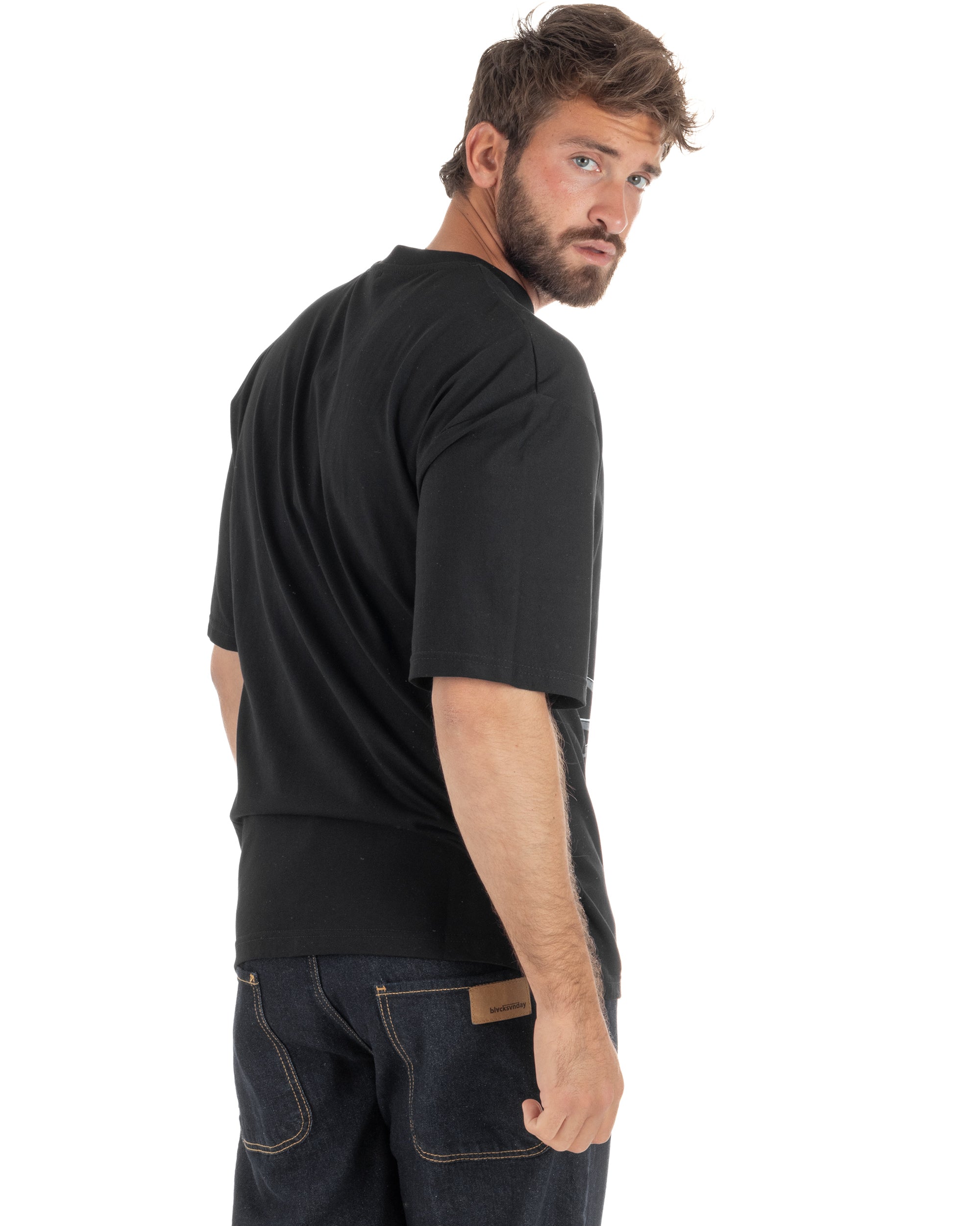 T-shirt uomo girocollo oversize streetwear con stampa nero GIOSAL-TS3308A
