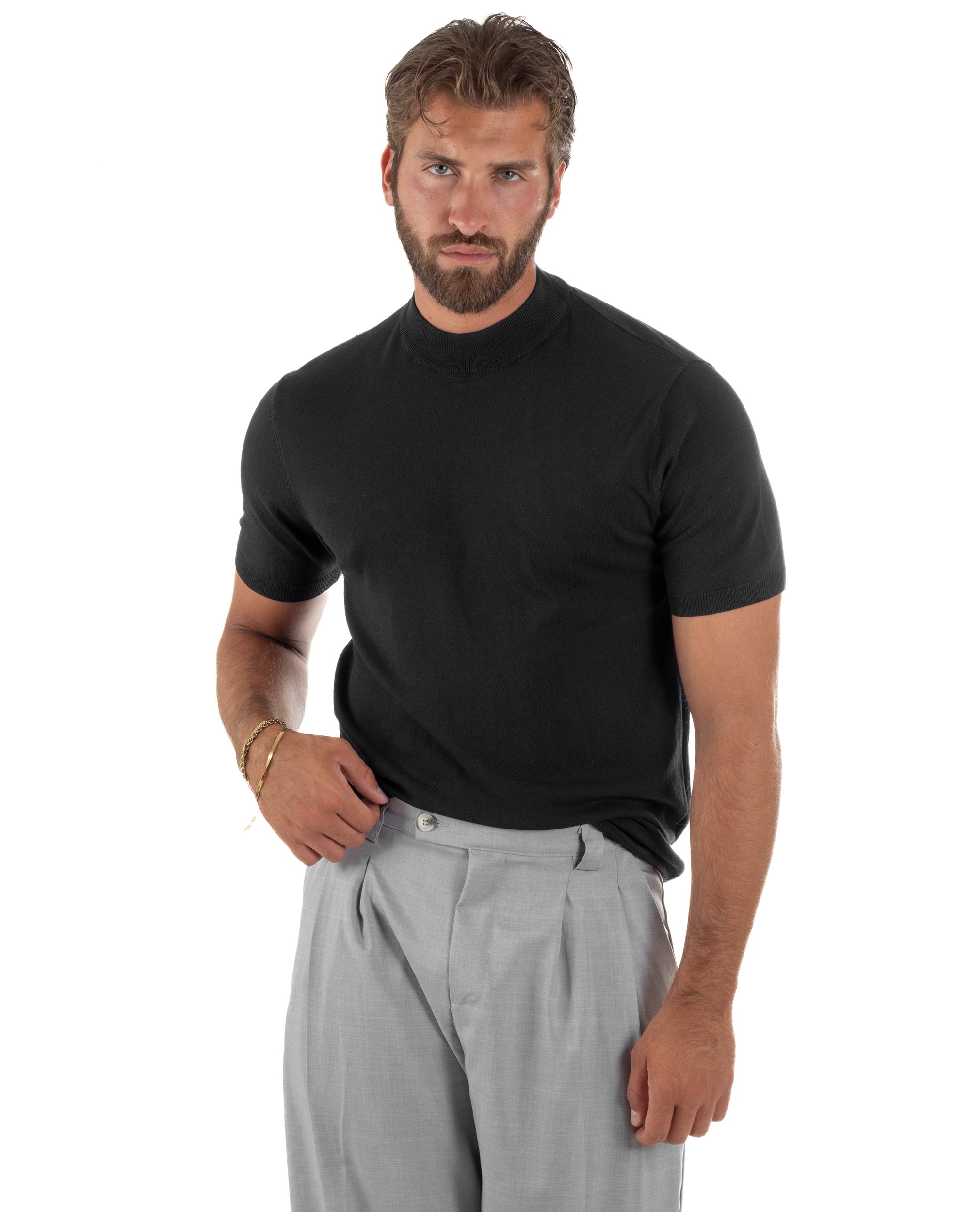 T-shirt uomo filo mezzocollo gola alta maglia basic sottogiacca nero GIOSAL-TS3310A