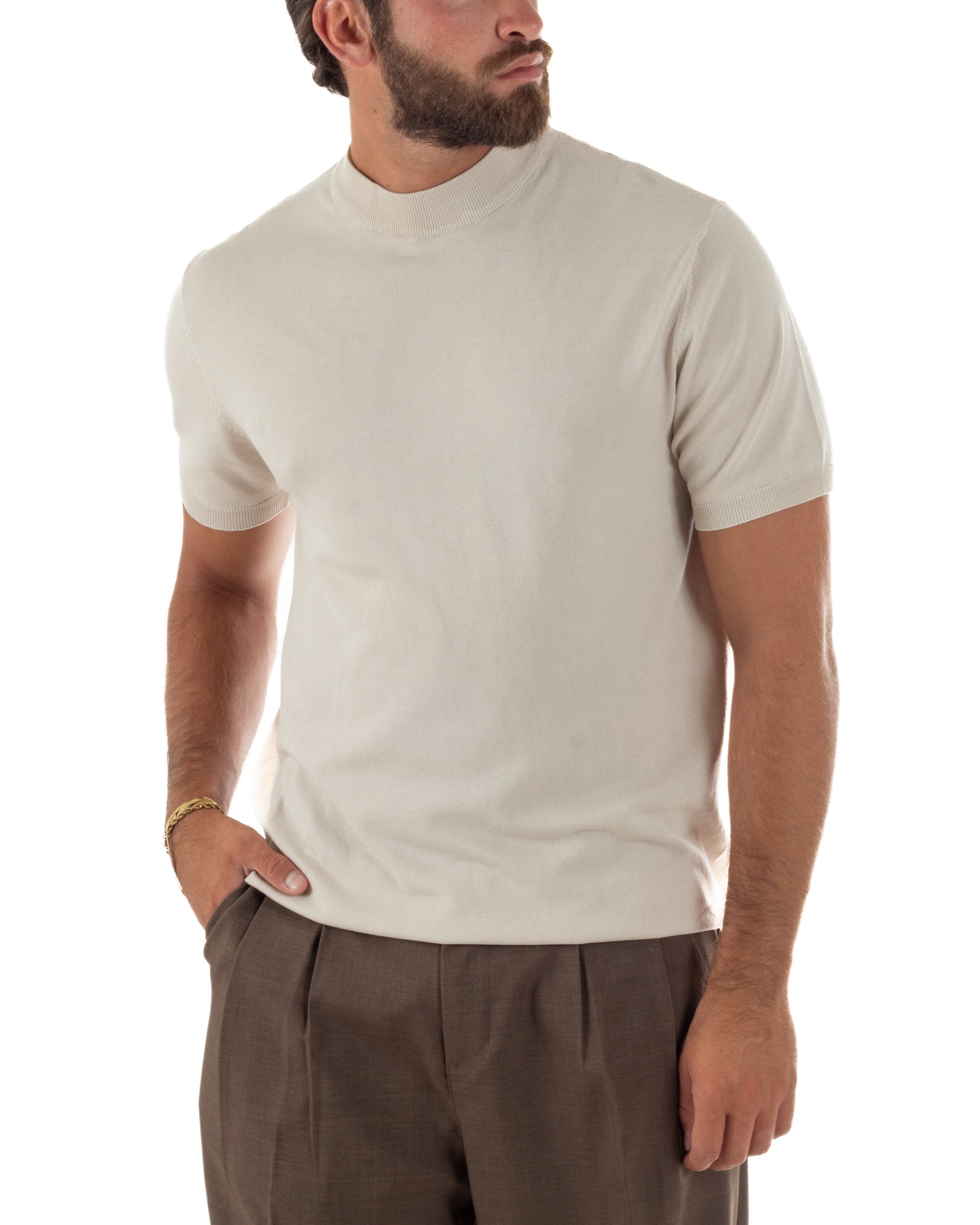 T-shirt uomo filo mezzocollo gola alta maglia basic sottogiacca beige GIOSAL-TS3312A