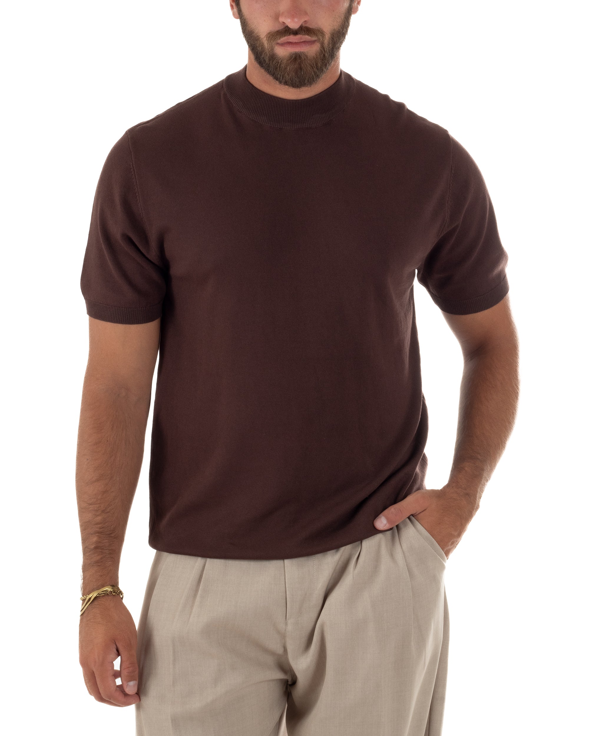 T-shirt uomo filo mezzocollo gola alta maglia basic sottogiacca marrone GIOSAL-TS3313A