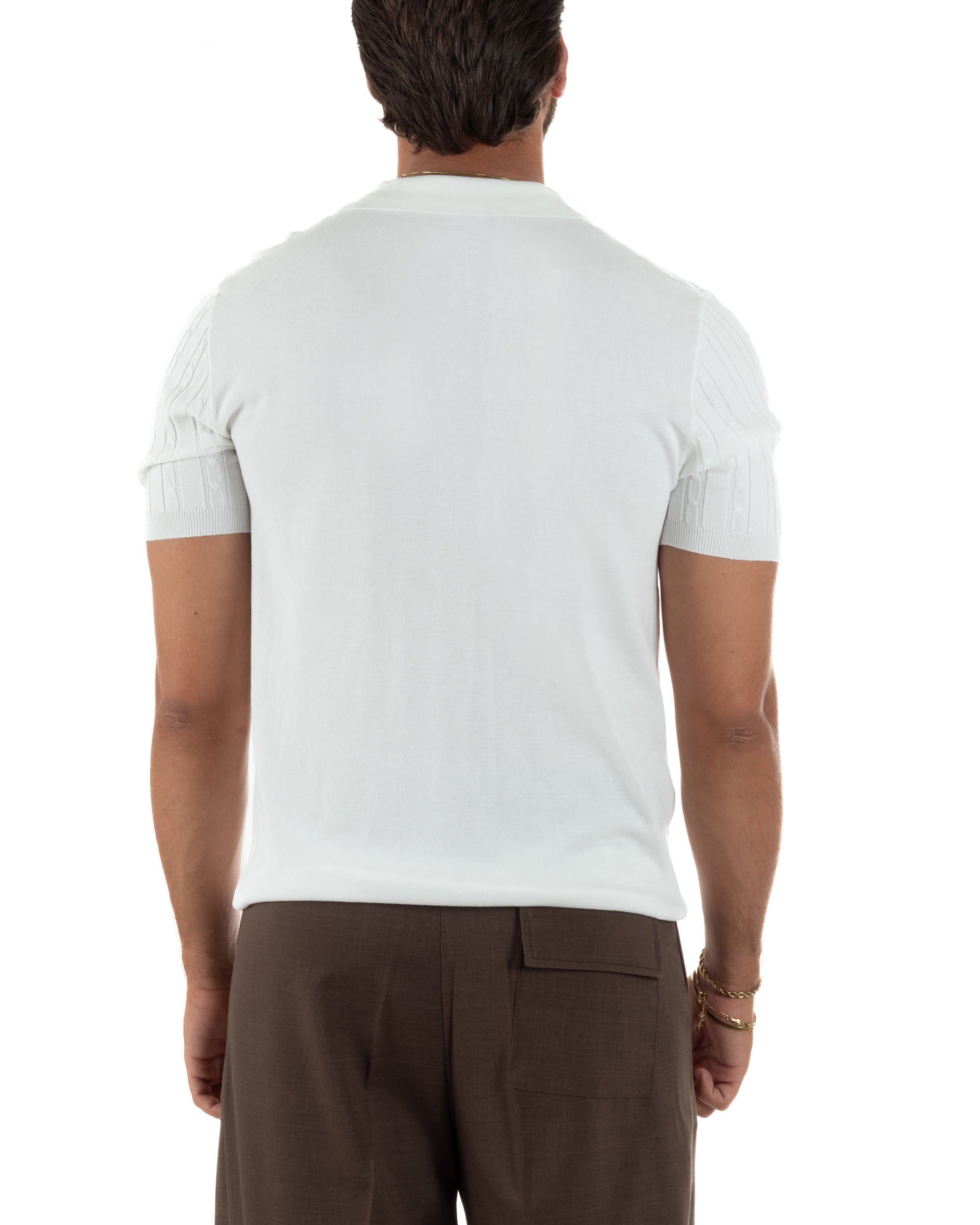 Polo uomo filo maglia trecce colletto con bottoni t-shirt sottogiacca elegante bianco GIOSAL-TS3314A