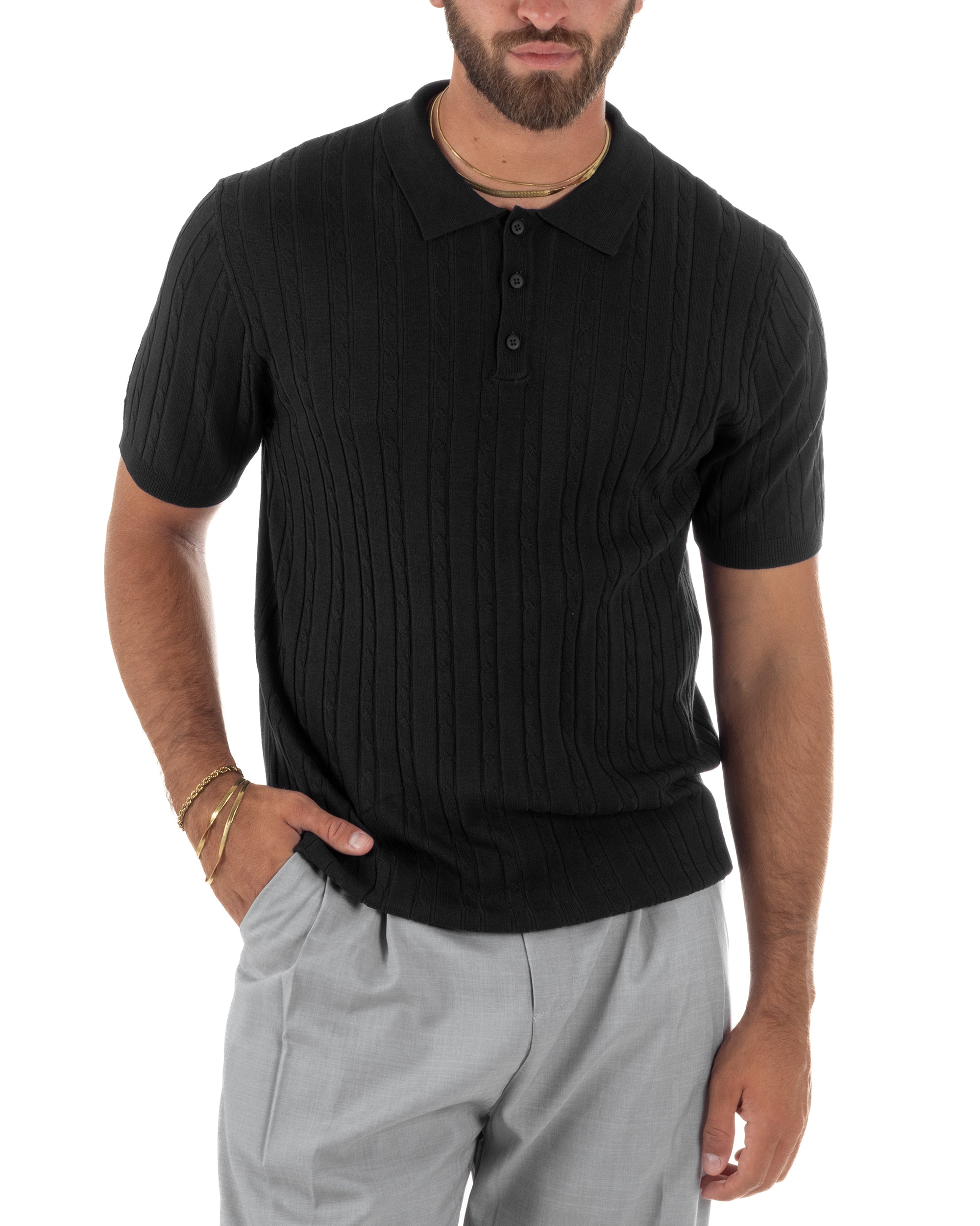 Polo uomo filo maglia trecce colletto con bottoni t-shirt sottogiacca elegante nero GIOSAL-TS3315A