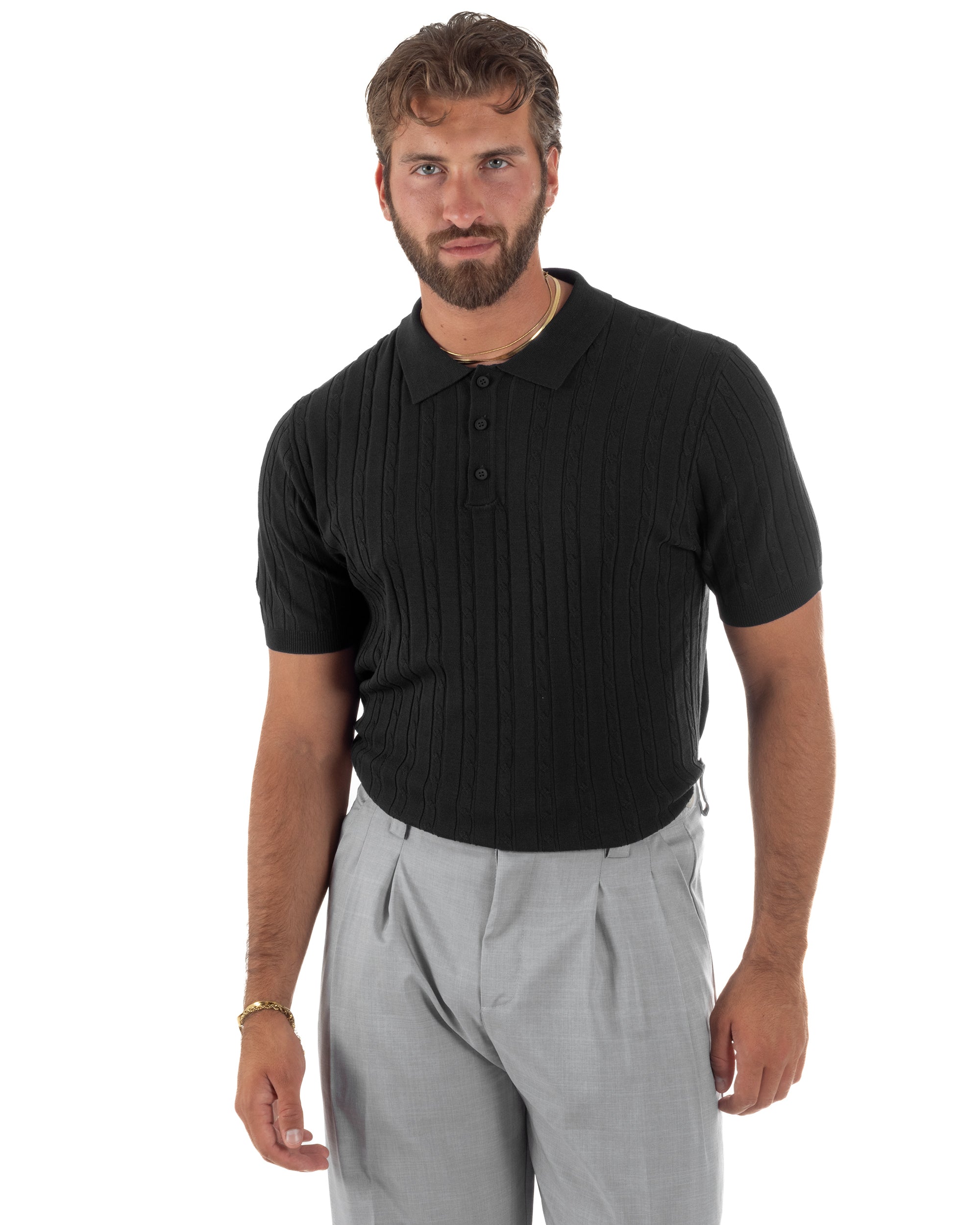 Polo uomo filo maglia trecce colletto con bottoni t-shirt sottogiacca elegante nero GIOSAL-TS3315A