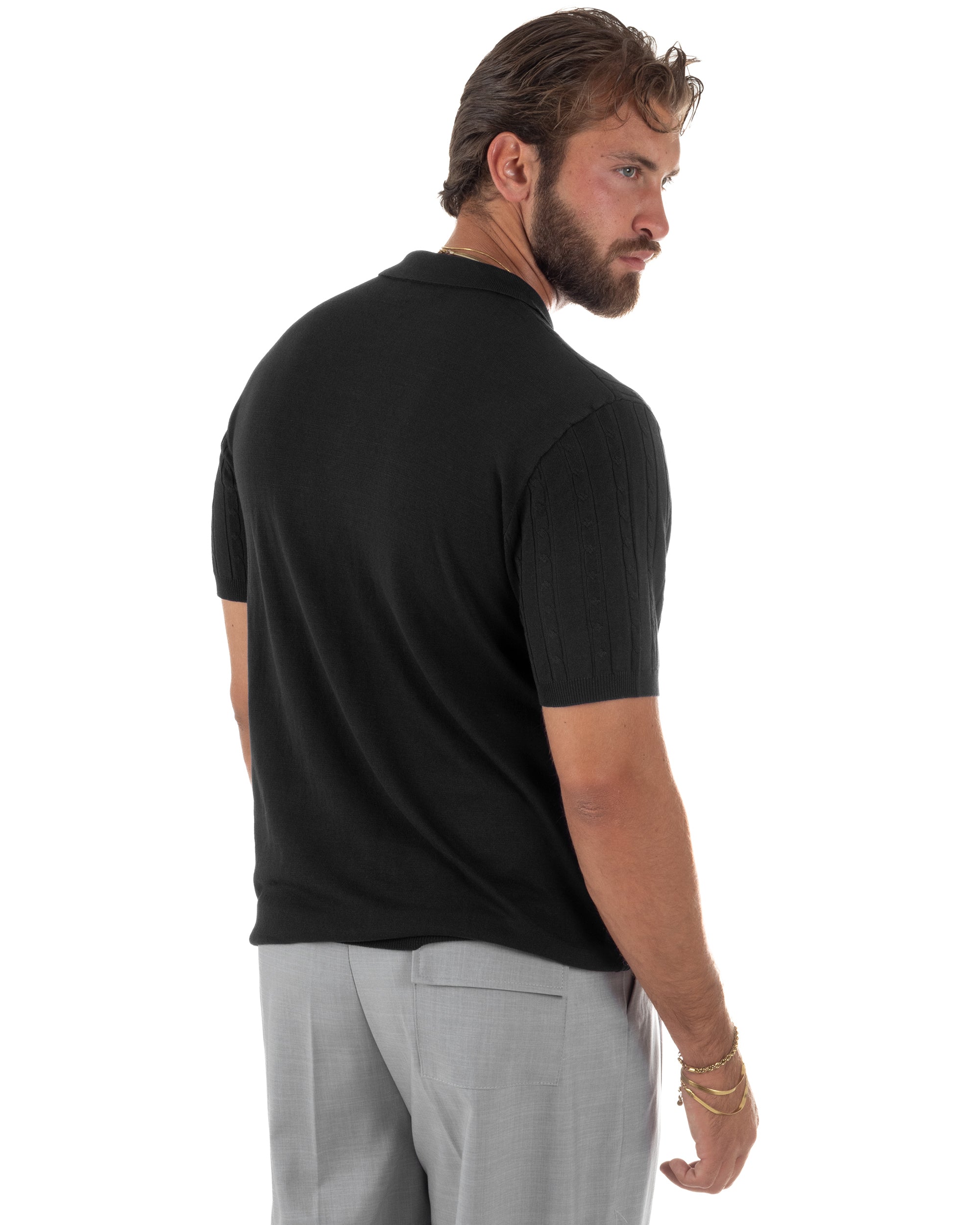 Polo uomo filo maglia trecce colletto con bottoni t-shirt sottogiacca elegante nero GIOSAL-TS3315A