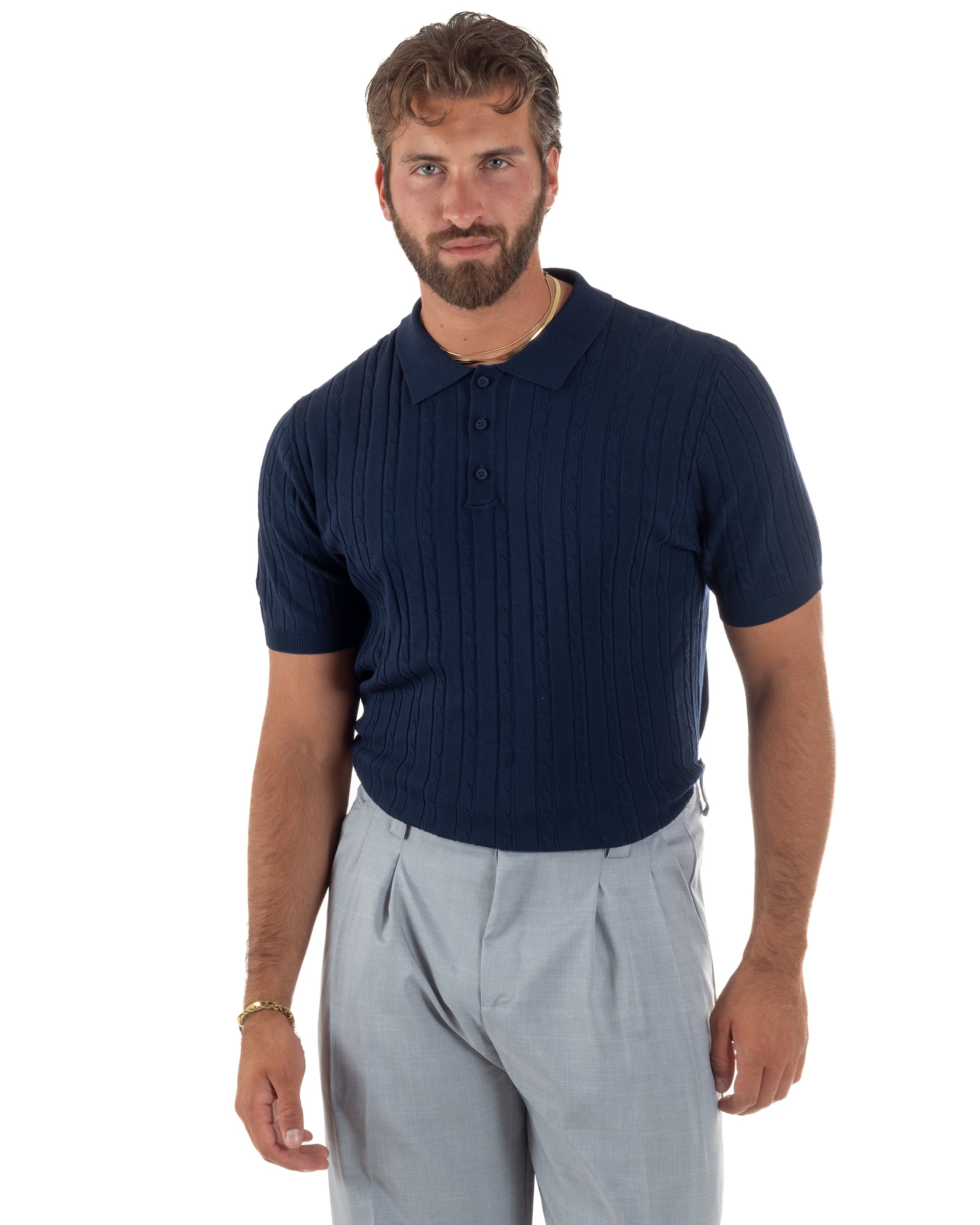 Polo uomo filo maglia trecce colletto con bottoni t-shirt sottogiacca elegante blu GIOSAL-TS3316A