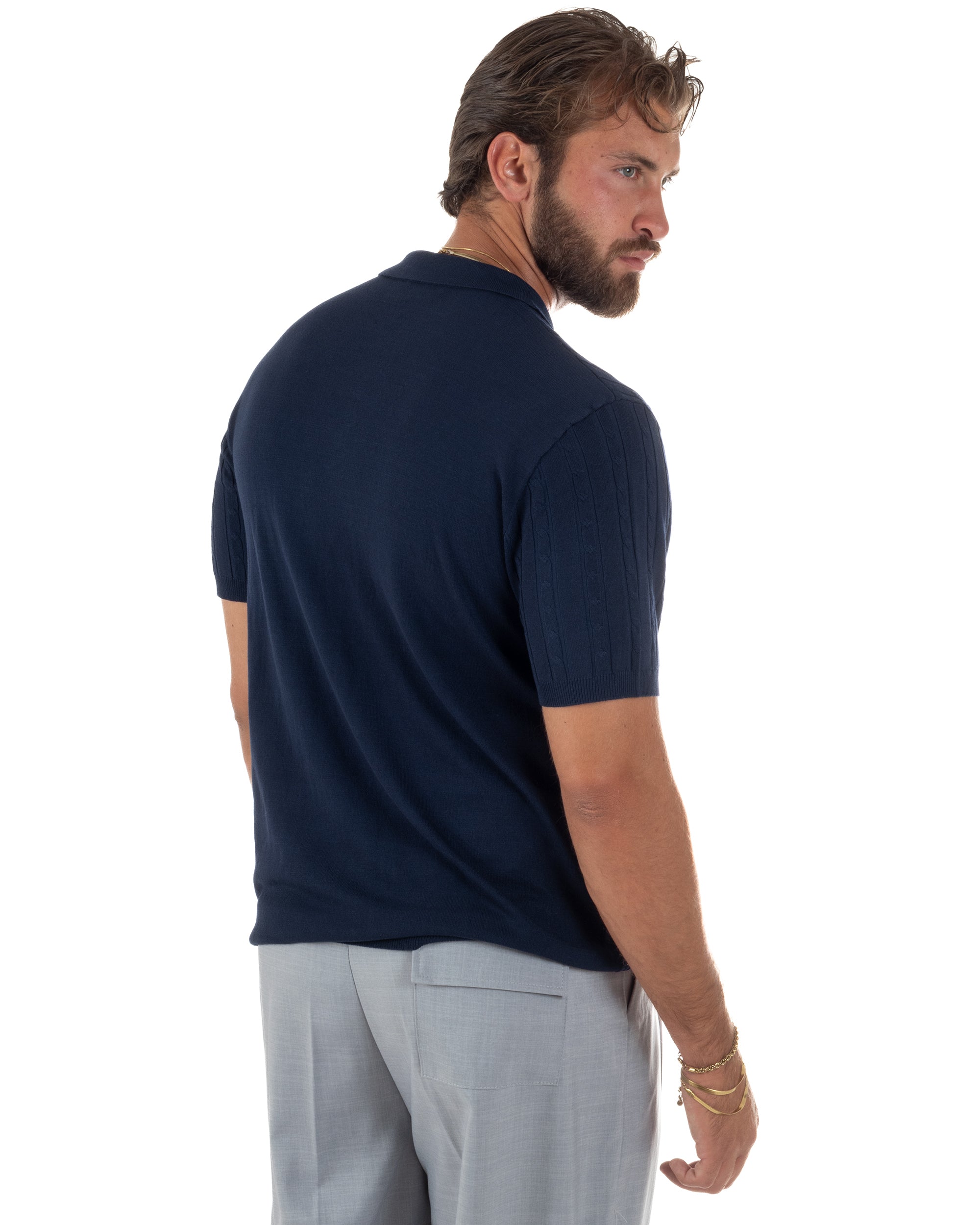 Polo uomo filo maglia trecce colletto con bottoni t-shirt sottogiacca elegante blu GIOSAL-TS3316A