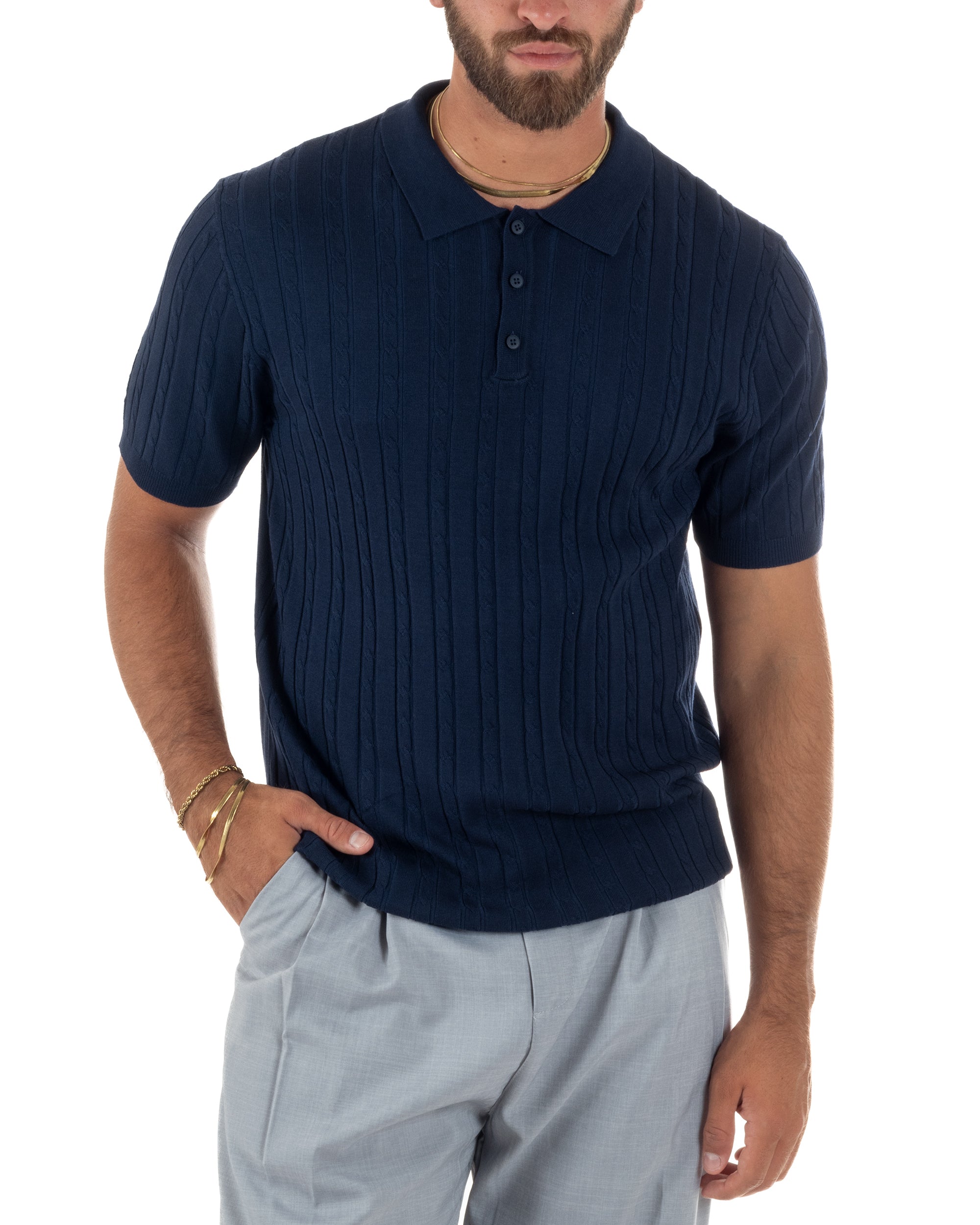Polo uomo filo maglia trecce colletto con bottoni t-shirt sottogiacca elegante blu GIOSAL-TS3316A