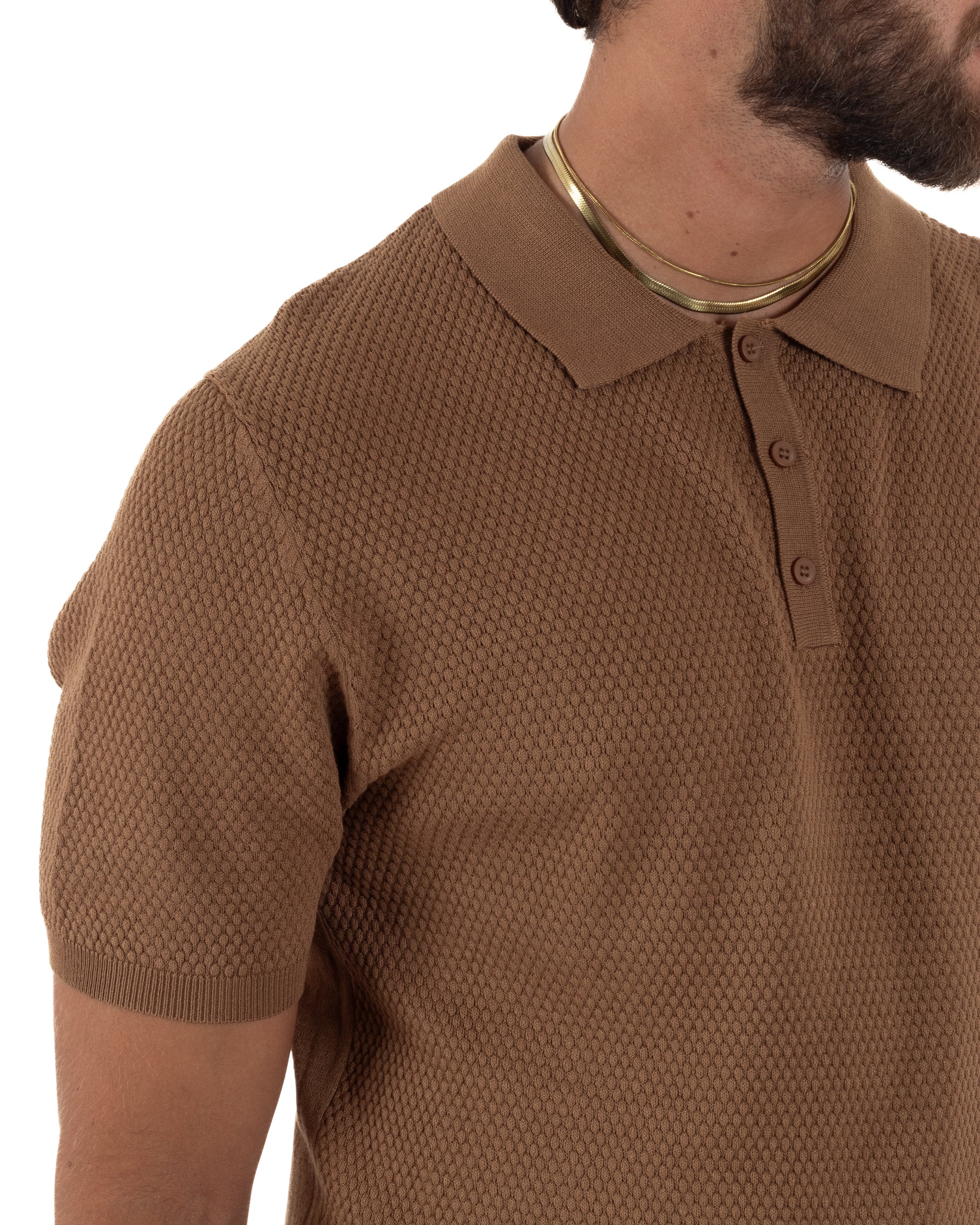 Polo uomo filo maglia nido d'ape colletto t-shirt sottogiacca camel GIOSAL-TS3317A