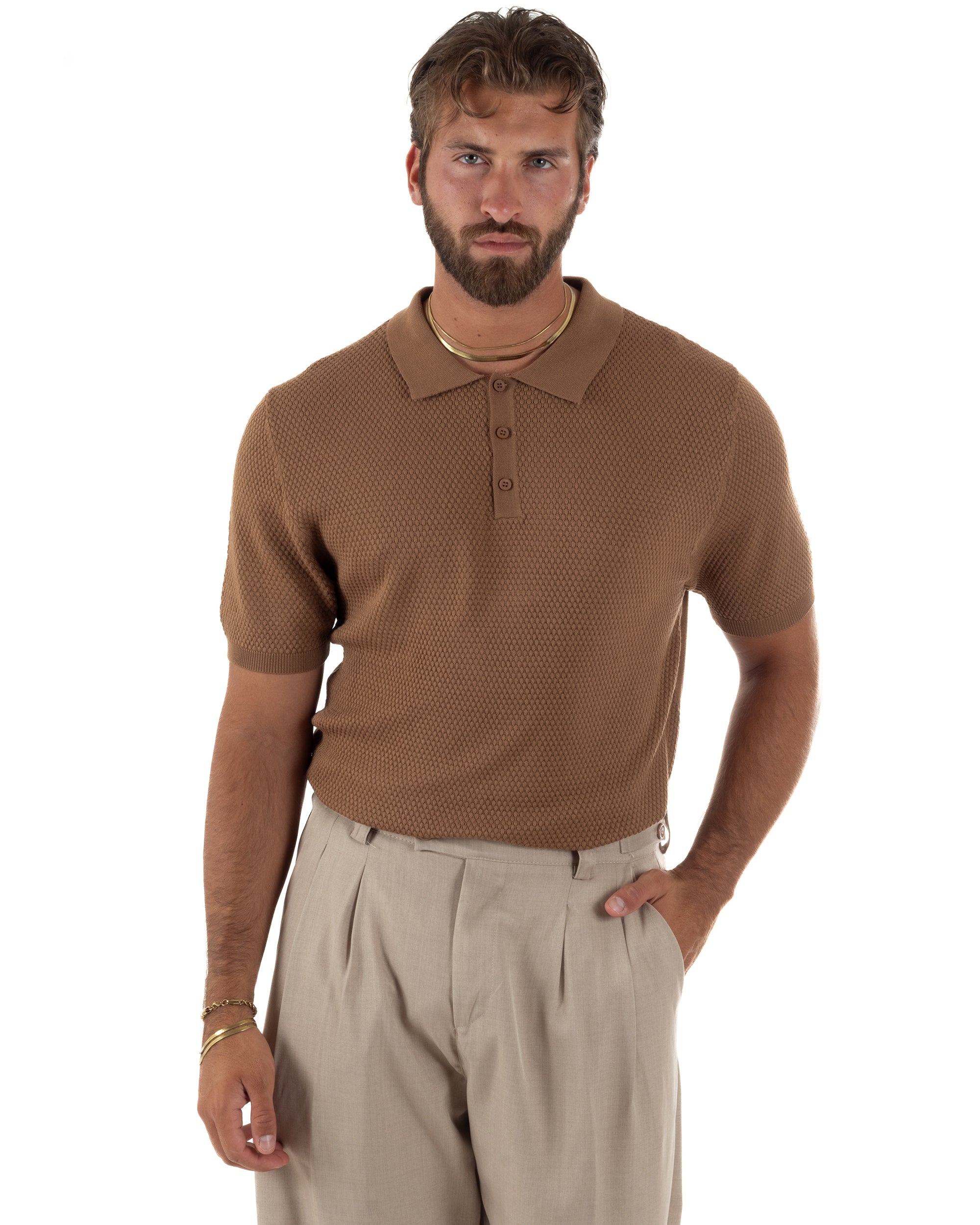 Polo uomo filo maglia nido d'ape colletto t-shirt sottogiacca camel GIOSAL-TS3317A