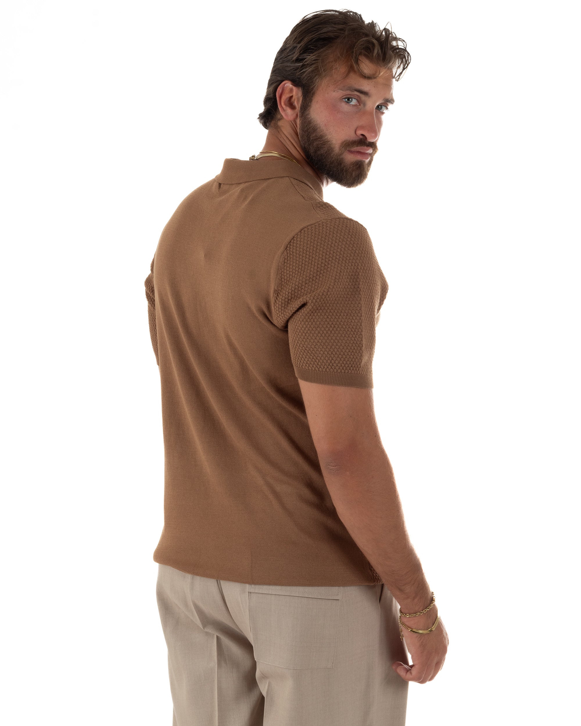Polo uomo filo maglia nido d'ape colletto t-shirt sottogiacca camel GIOSAL-TS3317A