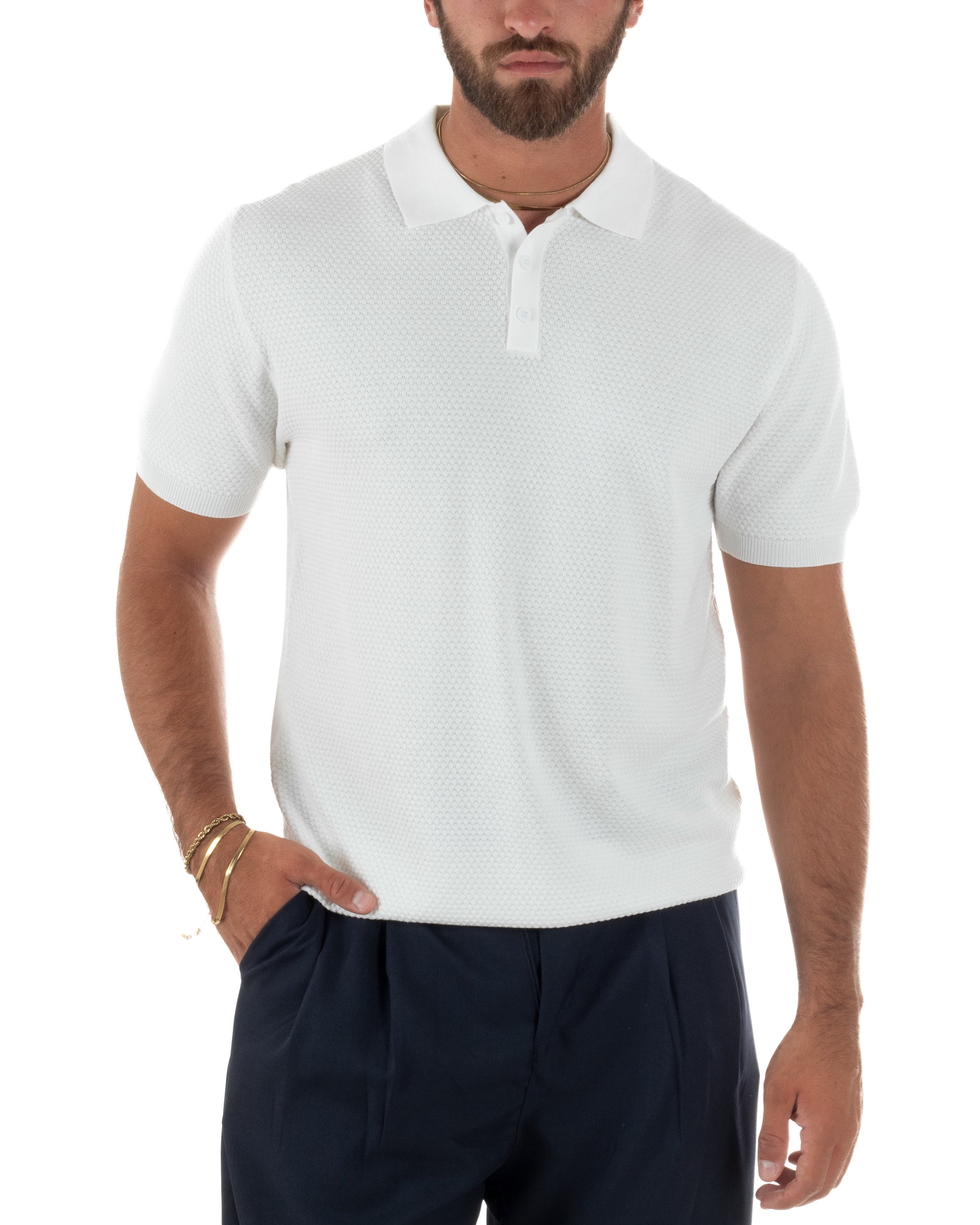 Polo uomo filo maglia nido d'ape colletto t-shirt sottogiacca bianco GIOSAL-TS3318A