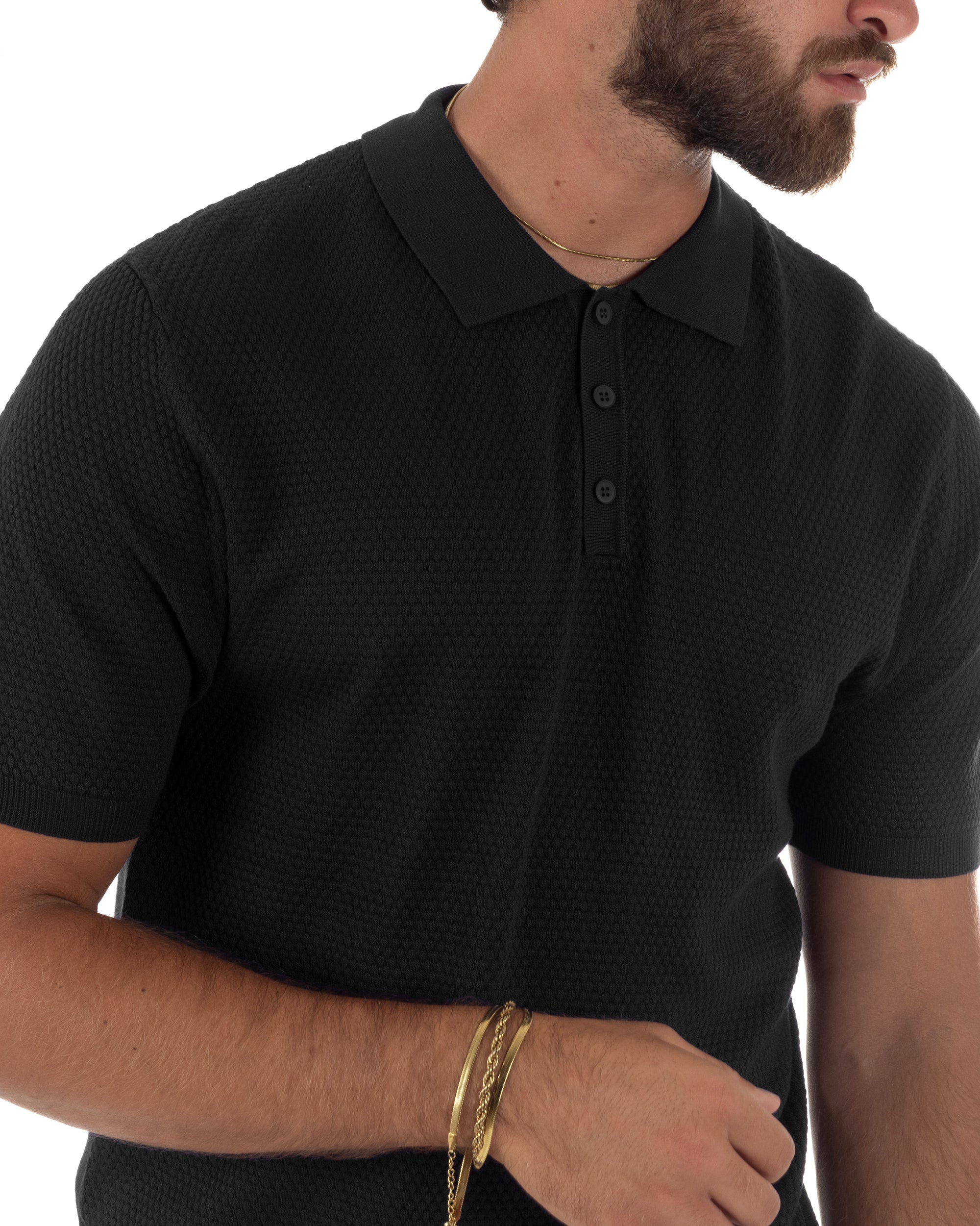 Polo uomo filo maglia nido d'ape colletto t-shirt sottogiacca nero GIOSAL-TS3319A