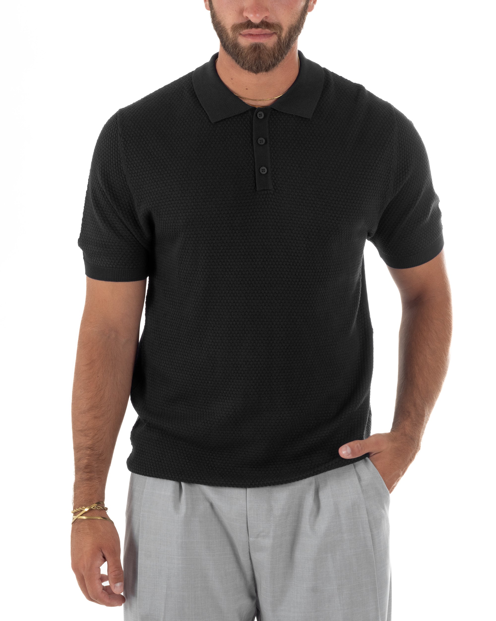 Polo uomo filo maglia nido d'ape colletto t-shirt sottogiacca nero GIOSAL-TS3319A