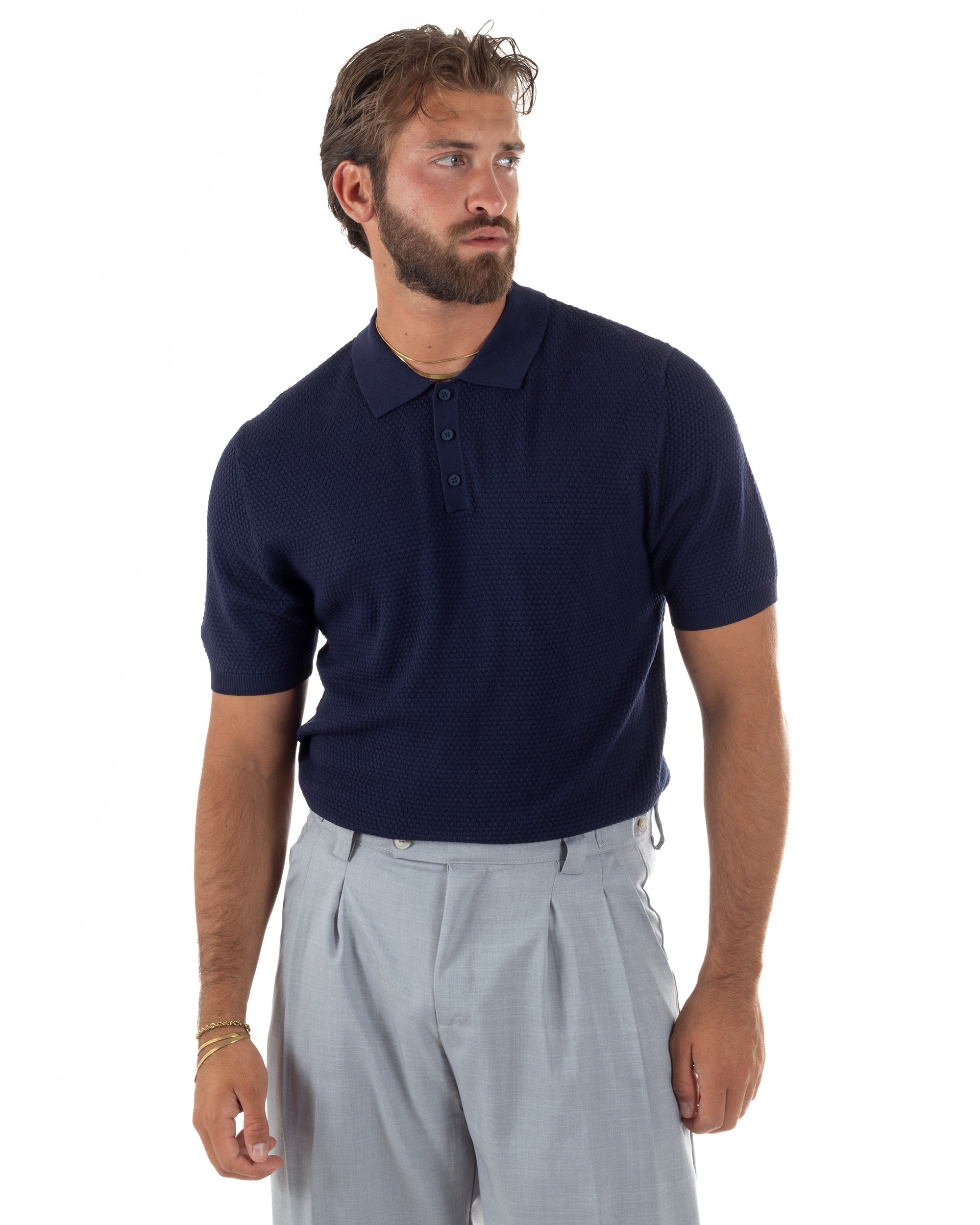 Polo uomo filo maglia nido d'ape colletto t-shirt sottogiacca blu GIOSAL-TS3320A