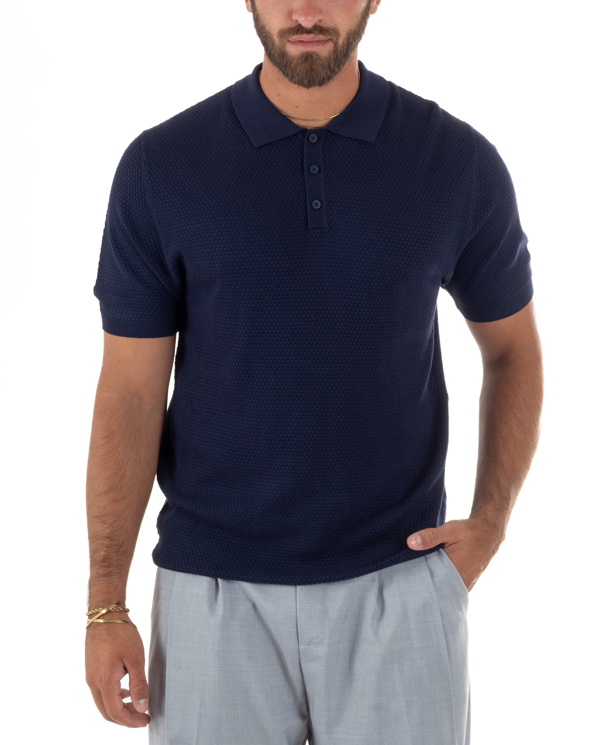 Polo uomo filo maglia nido d'ape colletto t-shirt sottogiacca blu GIOSAL-TS3320A