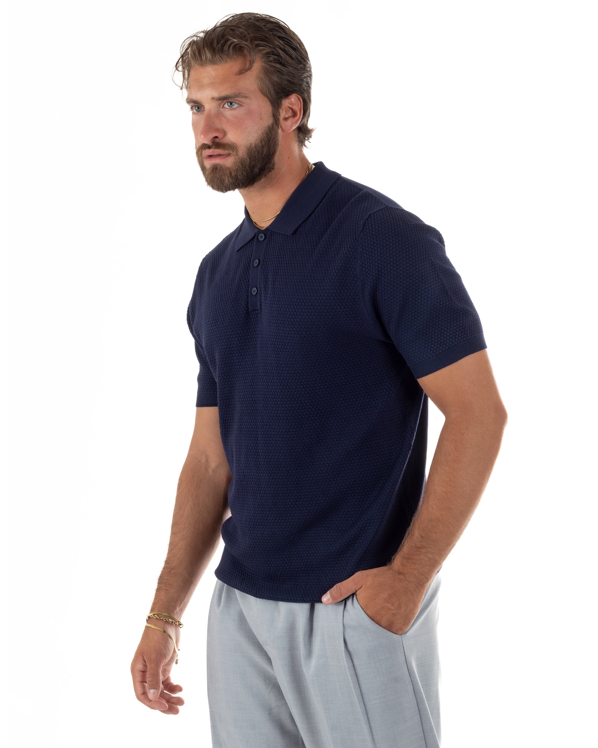 Polo uomo filo maglia nido d'ape colletto t-shirt sottogiacca blu GIOSAL-TS3320A