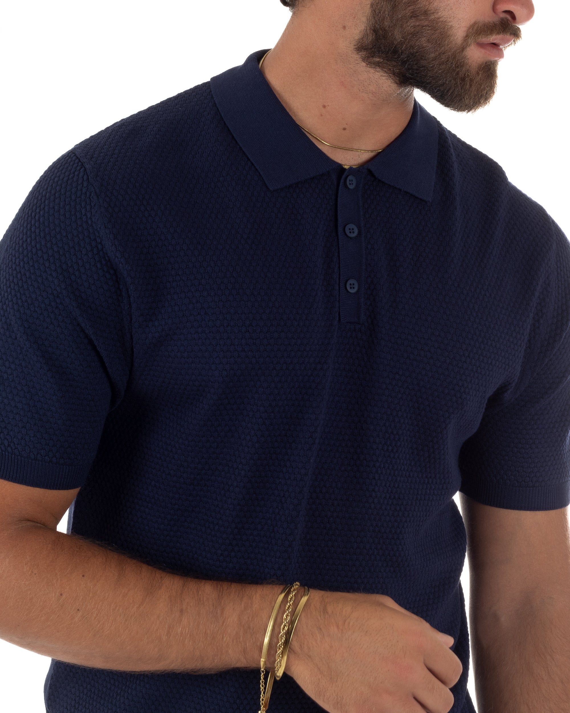 Polo uomo filo maglia nido d'ape colletto t-shirt sottogiacca blu GIOSAL-TS3320A
