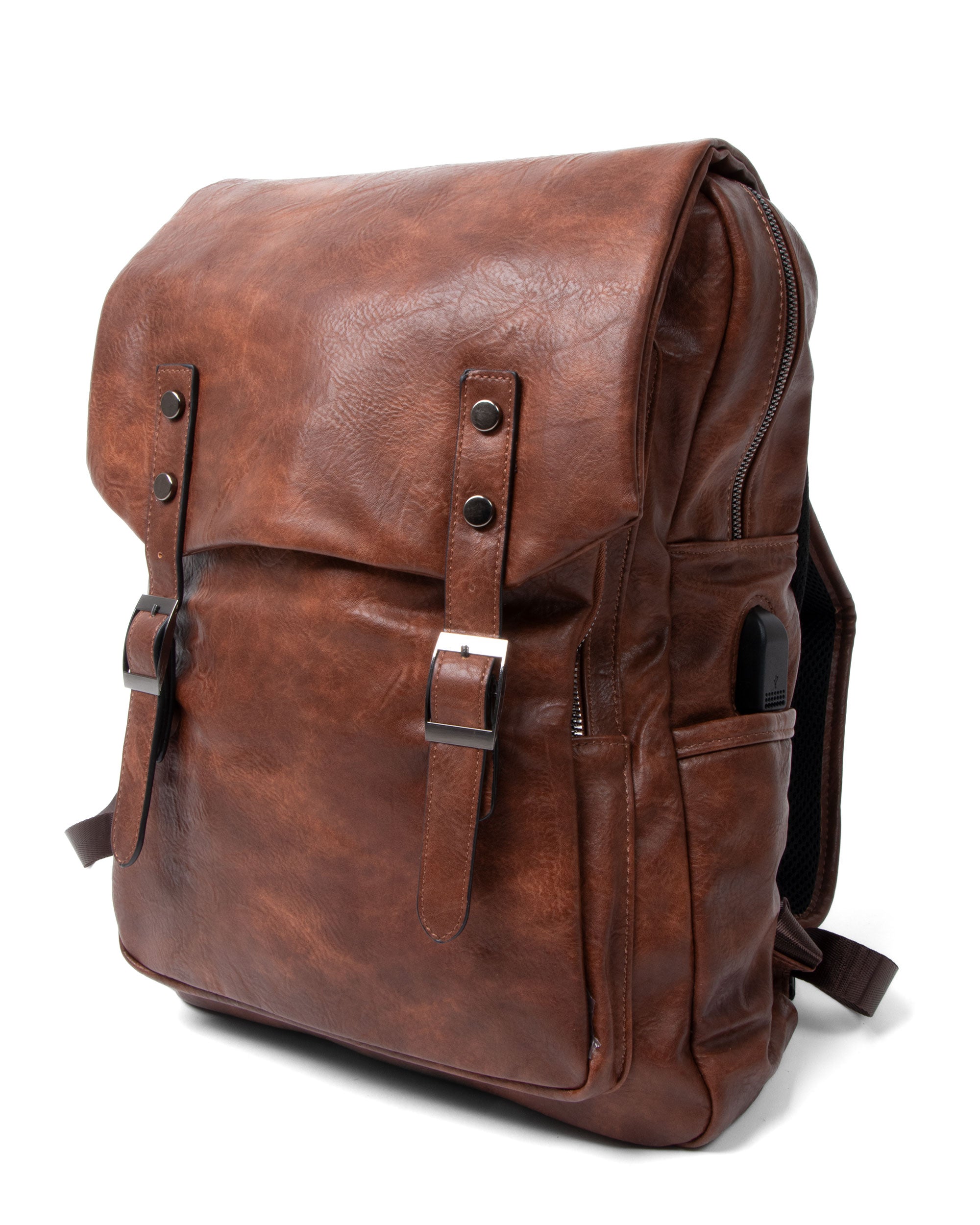 Zaino Elegante Vintage Unisex Multitasche Uomo Marrone Ecopelle Zip Da Spalla Tinta Unita Patta GIOSAL-ZU1131A