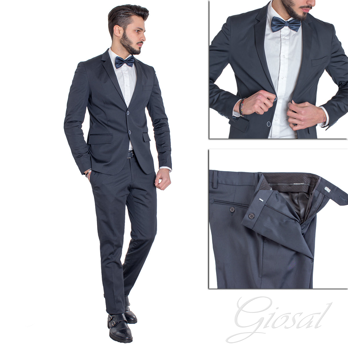 Abito Uomo Vestito Monopetto Completo Giacca Pantaloni Blu Rigato Elegante Cerimonia GIOSAL-AE1010A