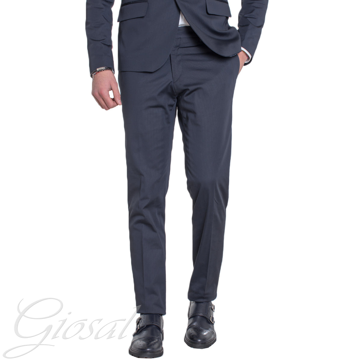 Abito Uomo Vestito Monopetto Completo Giacca Pantaloni Blu Rigato Elegante Cerimonia GIOSAL-AE1010A