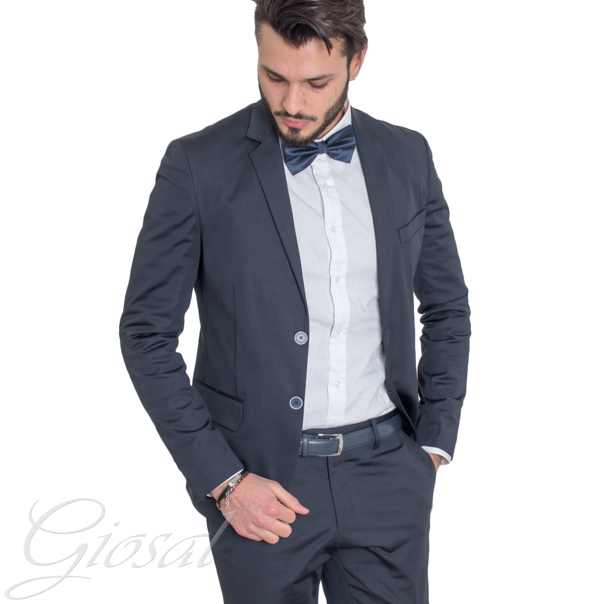 Abito Uomo Vestito Monopetto Completo Giacca Pantaloni Blu Rigato Elegante Cerimonia GIOSAL-AE1010A