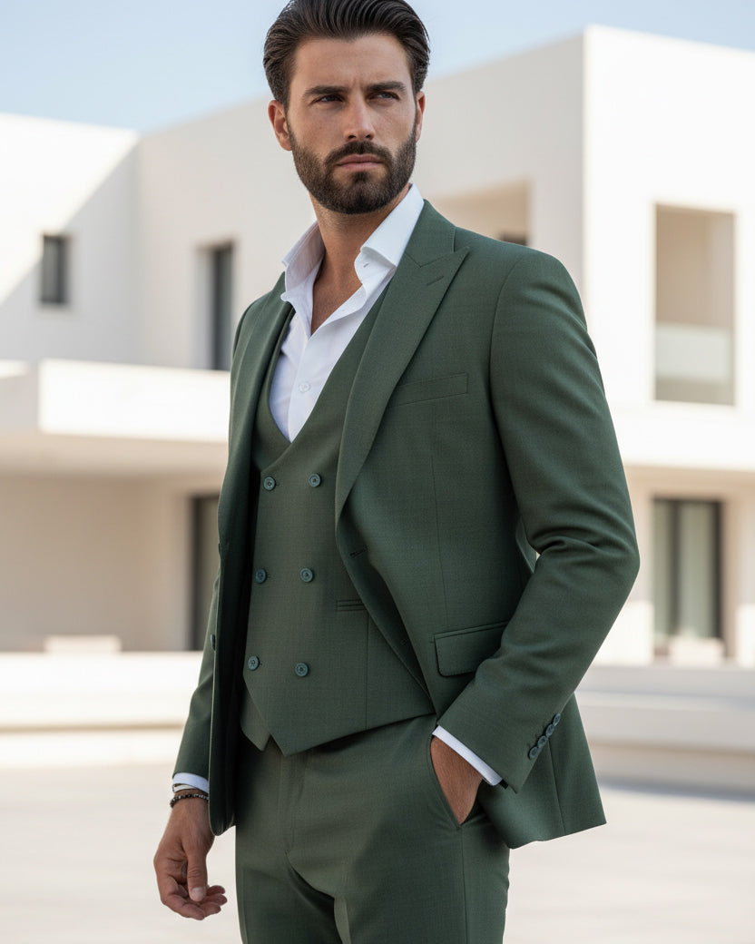 Abito Uomo Monopetto Vestito 3 Pezzi Completo Panciotto Verde Melangiato AE1061A