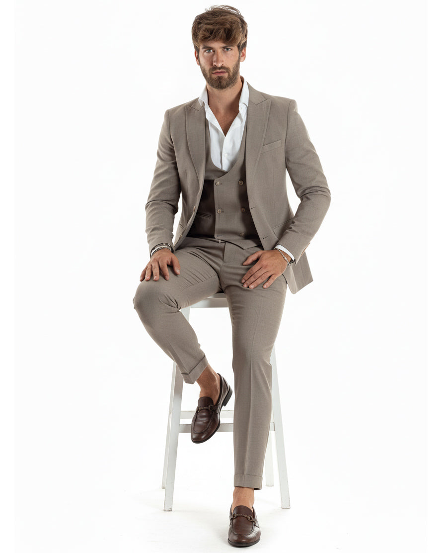 Abito Uomo Monopetto Vestito 3 Pezzi Completo Panciotto Beige Melangiato AE1063A