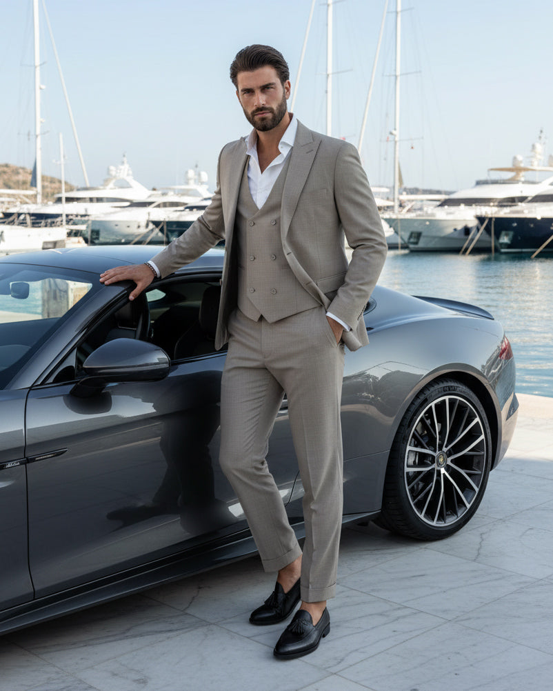 Abito Uomo Monopetto Vestito 3 Pezzi Completo Panciotto Beige Melangiato AE1063A