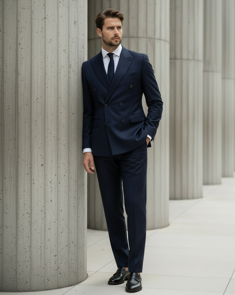Men's double-breasted suit, viscose jacket and trousers, elegant blue GIOSAL-AE1064A